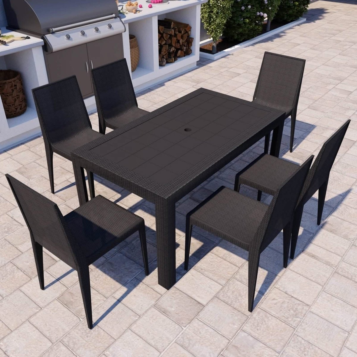 Mace Mid-Century 7-Piece Outdoor Dining Set Black Dining Set Leisuremod