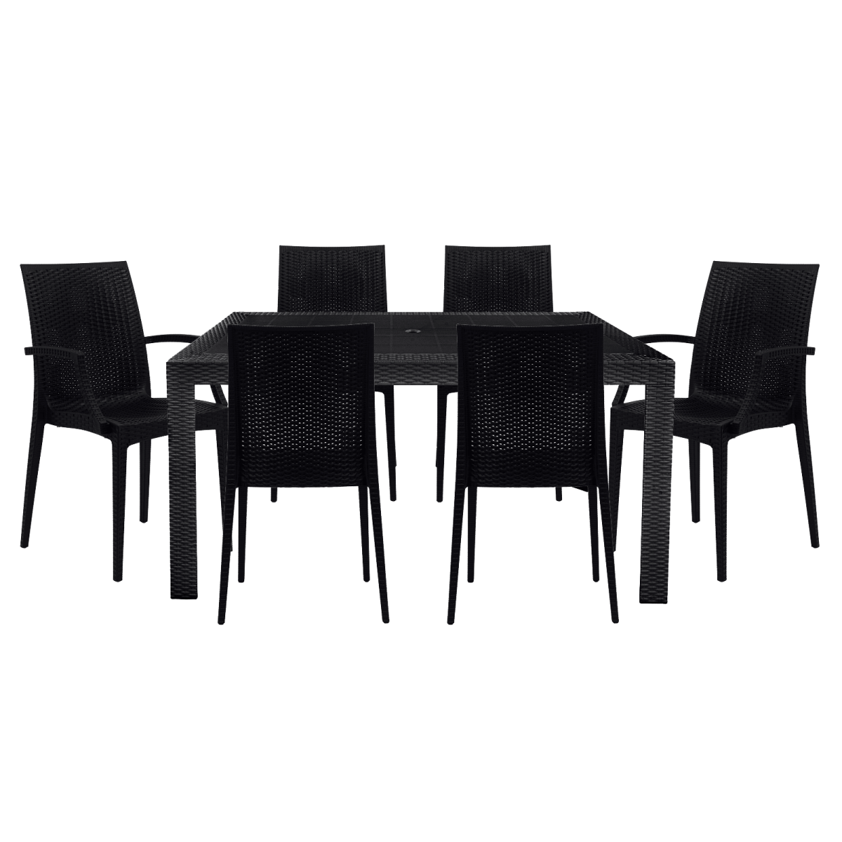 Mace Mid-Century 7-Piece Outdoor Dining Set: 4 Side Chairs & 2 Armchairs Black Dining Set Leisuremod