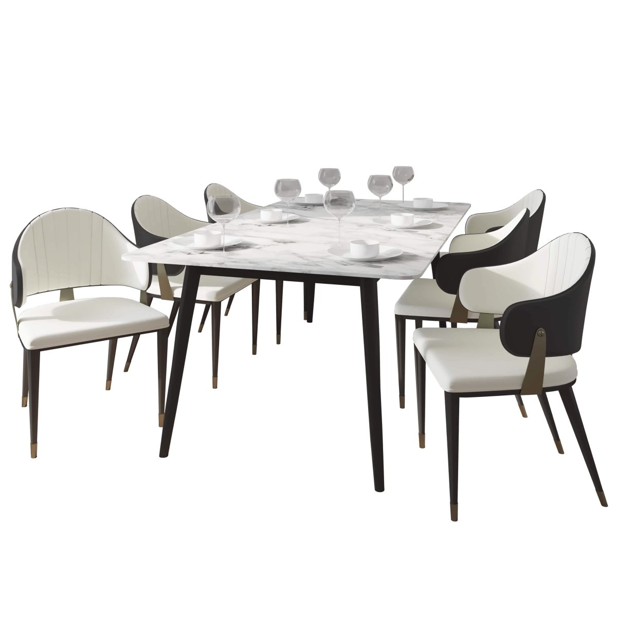 Zayle 7-Piece Dining Set with 55" Rectangular Dining Table in White/Gold Sintered Stone Top and 6 Leather Dining Chairs Black Dining Set Leisuremod