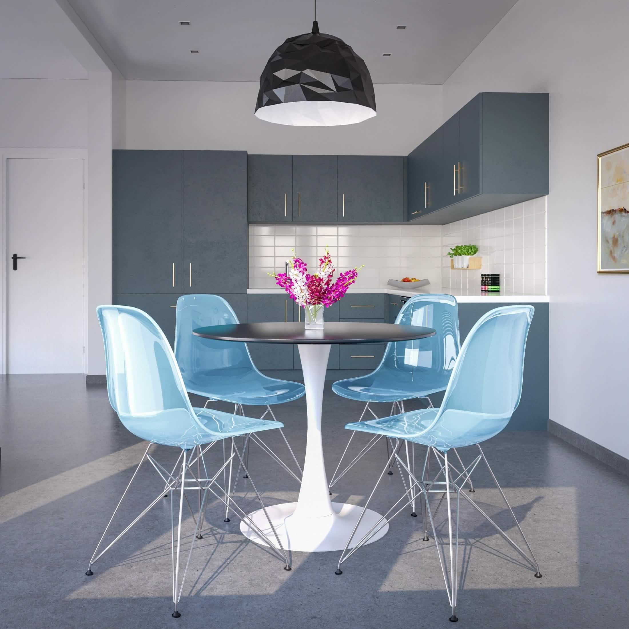 Bristol 5-Piece Dining Set 35" MDF Round Table with 4 ABS Plastic Side Chair in Chrome Transparent Black Dining Set Leisuremod