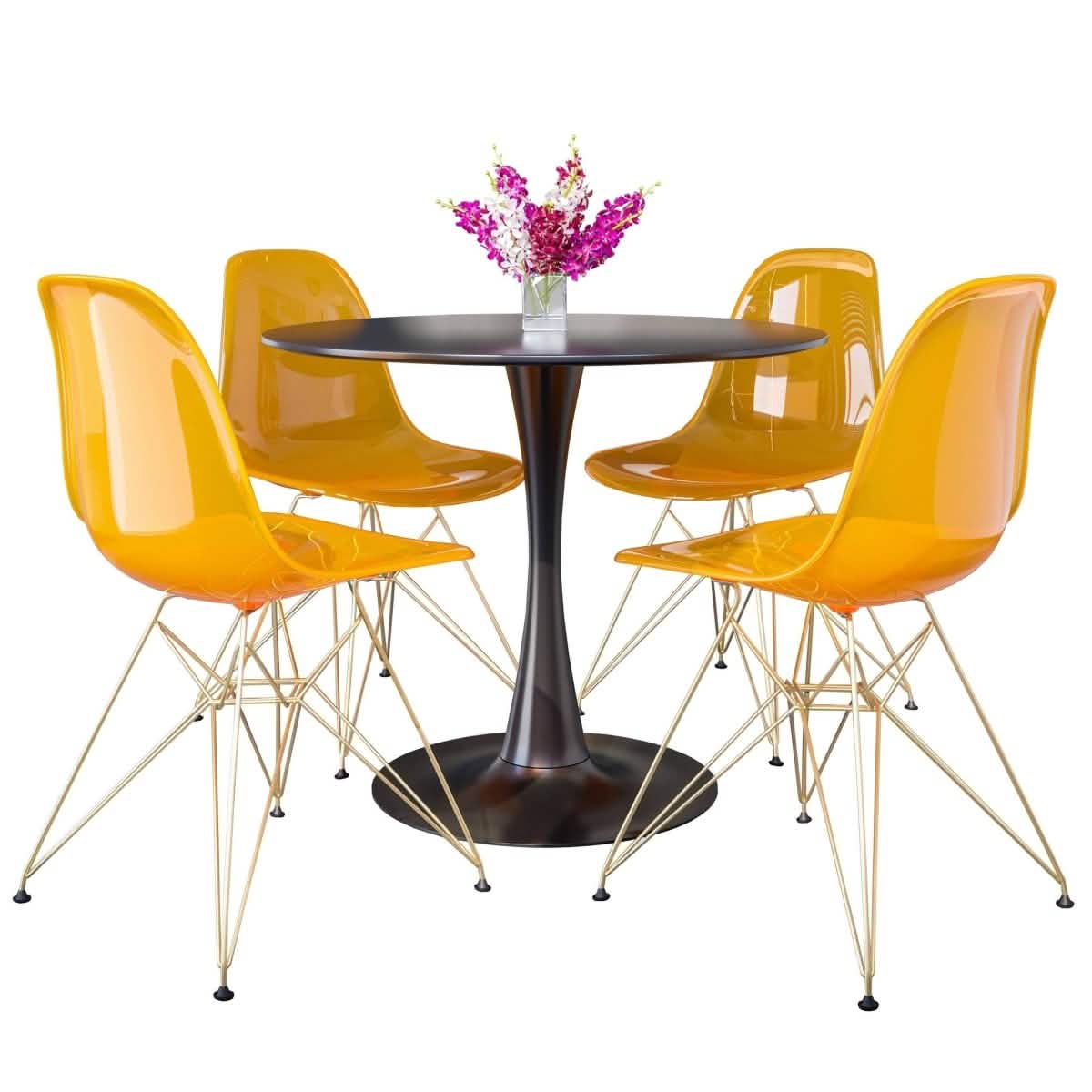 Bristol 5-Piece Dining Set 35" Round Dining Table in Black Iron - 4 ABS Plastic Side Chair in Gold Transparent Blue Dining Set Leisuremod