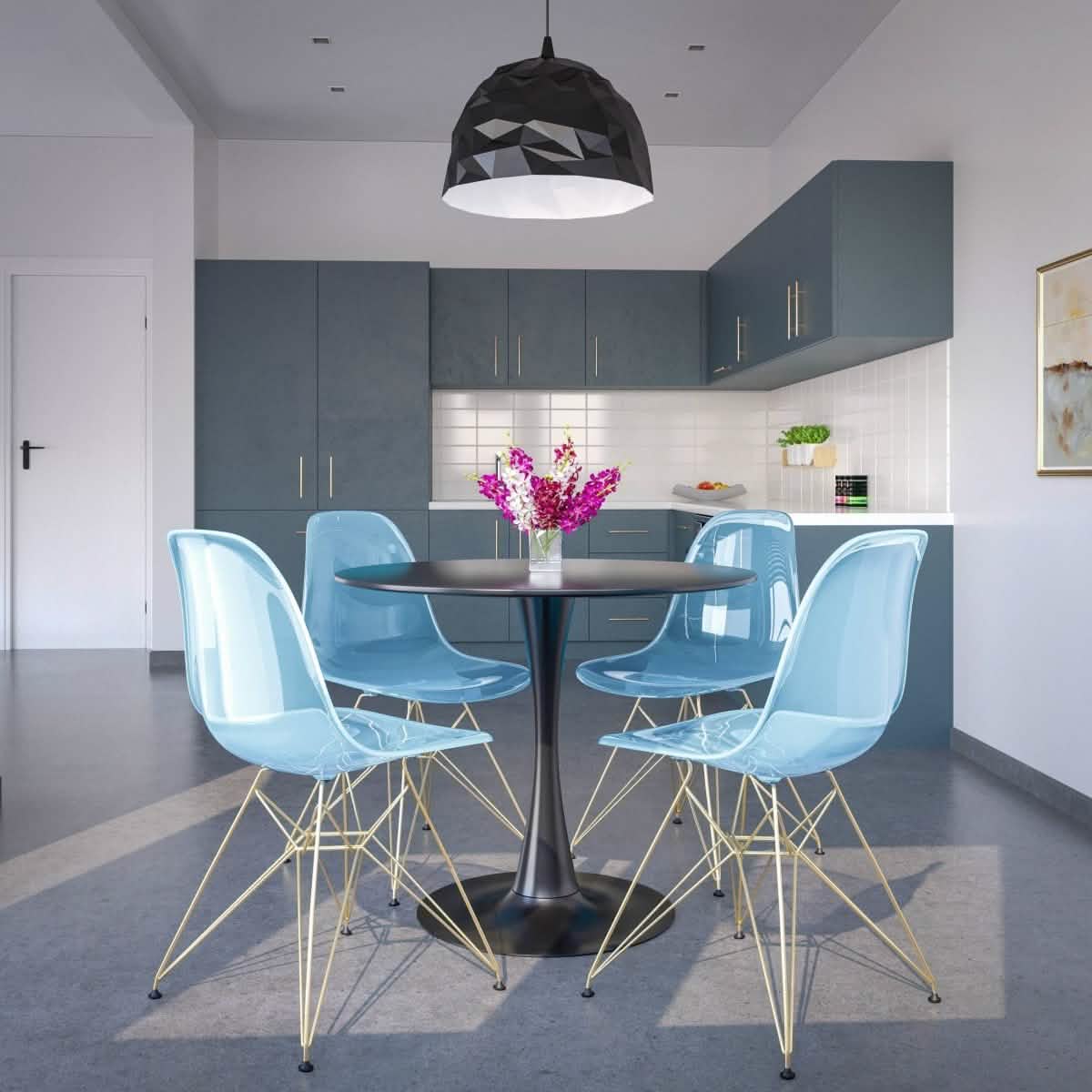 Bristol 5-Piece Dining Set 35" Round Dining Table in Black Iron - 4 ABS Plastic Side Chair in Gold Transparent Blue Dining Set Leisuremod