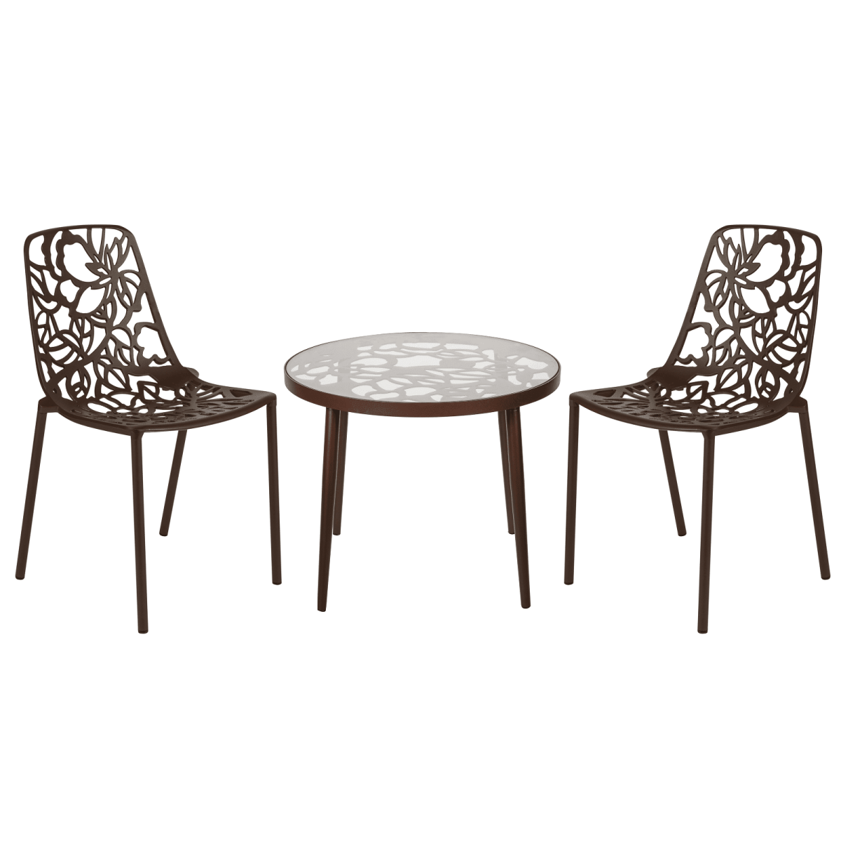 Devon 3-Piece Patio Dining Set: Aluminum Table with Glass Top & 2 Stackable Flower Chairs Brown Dining Set Leisuremod
