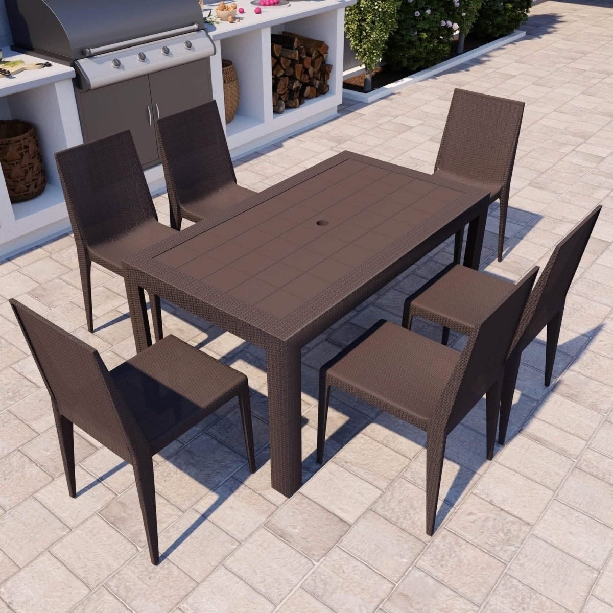 Mace Mid-Century 7-Piece Outdoor Dining Set Brown Dining Set Leisuremod
