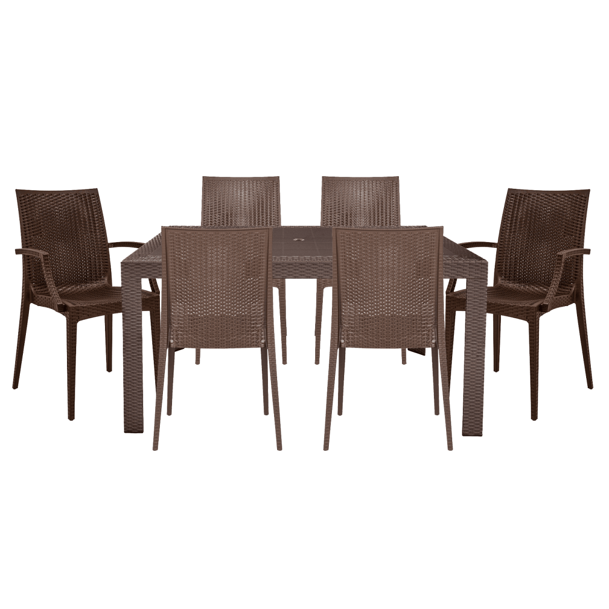 Mace Mid-Century 7-Piece Outdoor Dining Set: 4 Side Chairs & 2 Armchairs Brown Dining Set Leisuremod