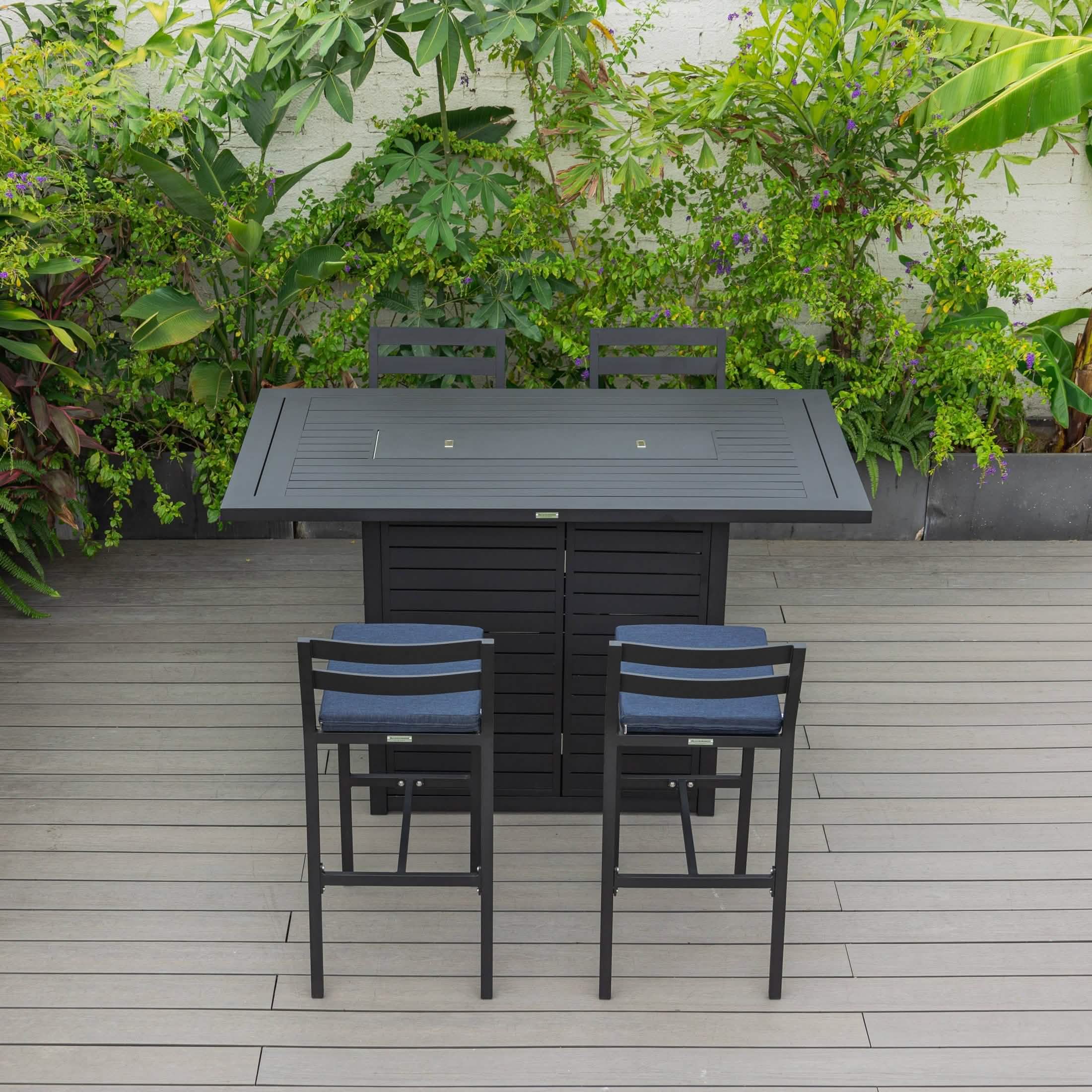 Chelsea 5-Piece Patio Bar Set: Aluminum Fire Pit Table with Tank Holder & 4 Barstools with Cushions Dining Set Leisuremod