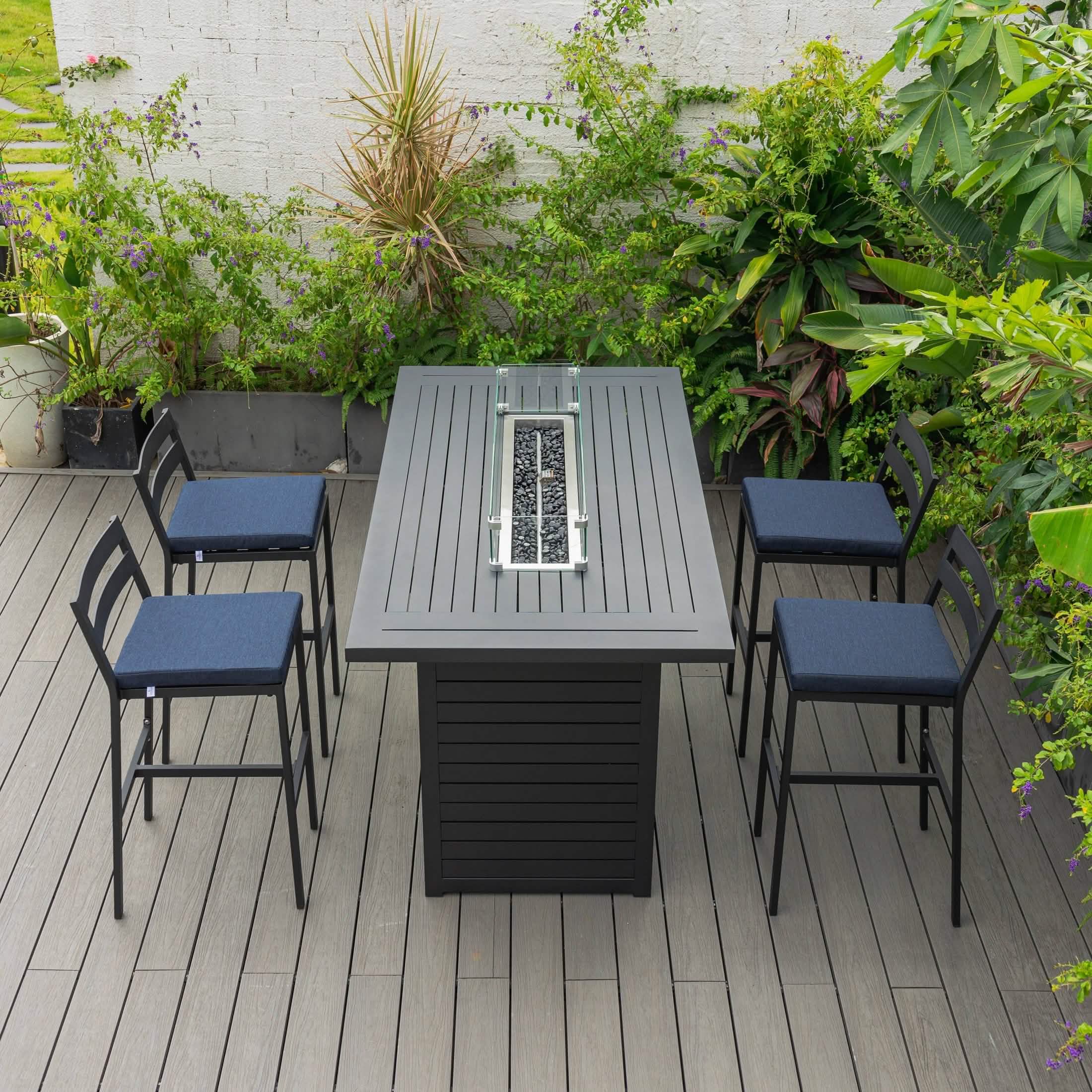 Chelsea 5-Piece Patio Bar Set: Aluminum Fire Pit Table with Tank Holder & 4 Barstools with Cushions Dining Set Leisuremod
