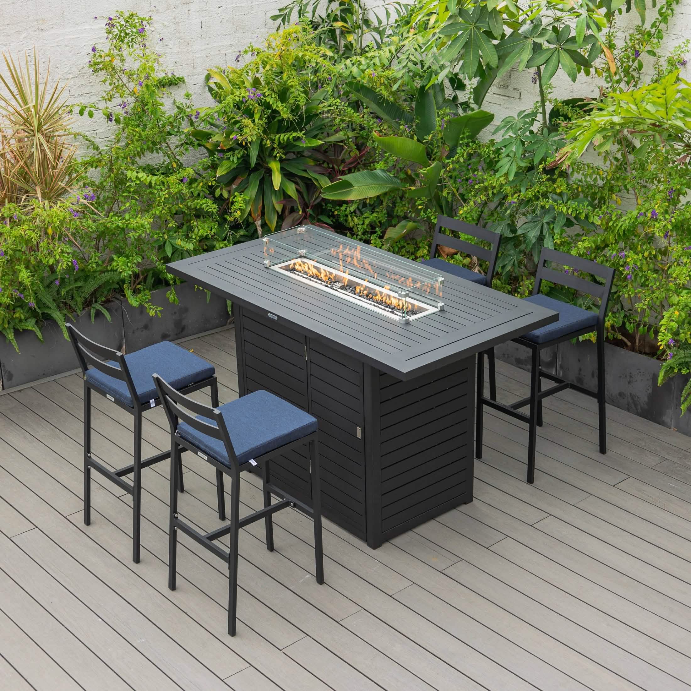Chelsea 5-Piece Patio Bar Set: Aluminum Fire Pit Table with Tank Holder & 4 Barstools with Cushions Dining Set Leisuremod