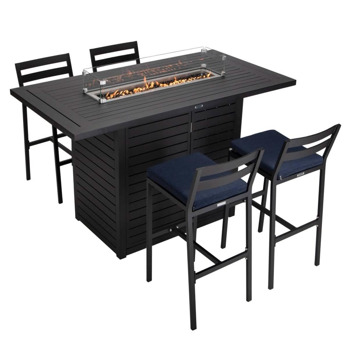Chelsea 5-Piece Patio Bar Set: Aluminum Fire Pit Table with Tank Holder & 4 Barstools with Cushions Dining Set Leisuremod
