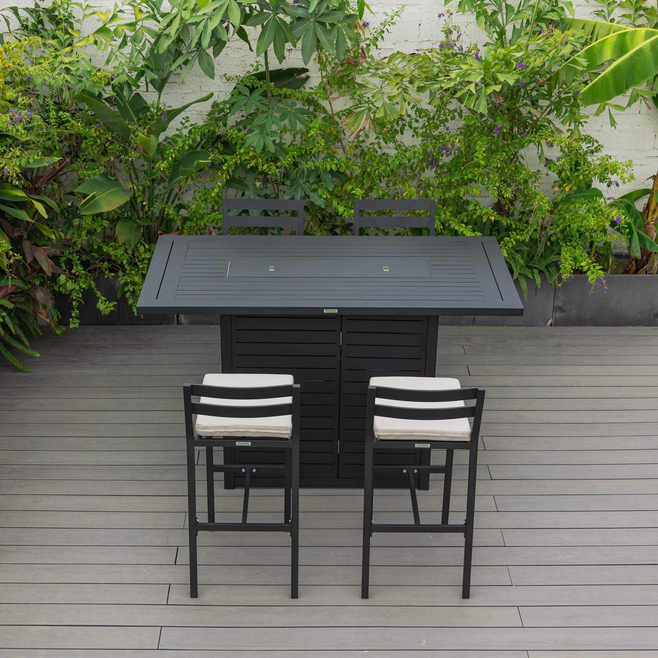 Chelsea 5-Piece Patio Bar Set: Aluminum Fire Pit Table with Tank Holder & 4 Barstools with Cushions Dining Set Leisuremod