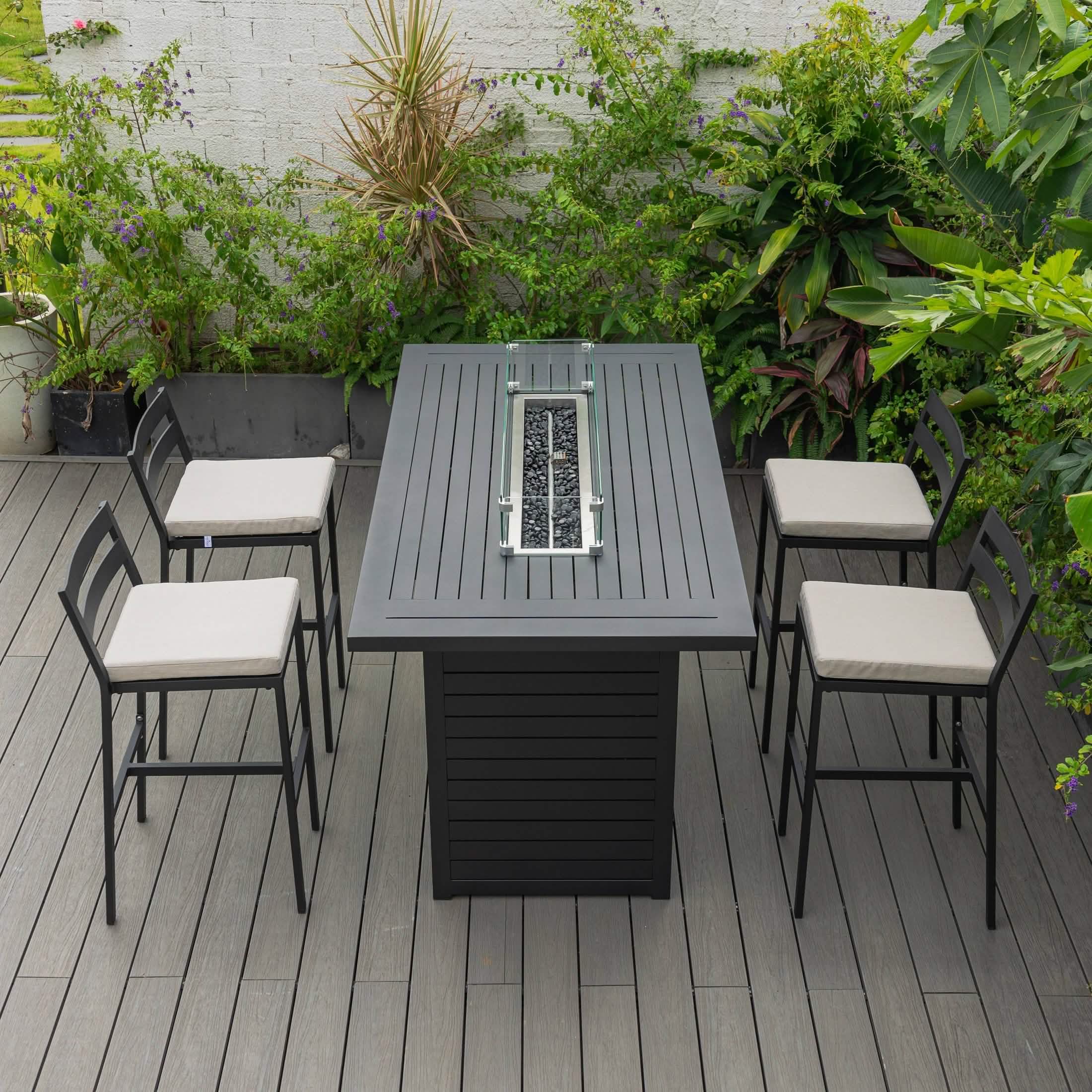 Chelsea 5-Piece Patio Bar Set: Aluminum Fire Pit Table with Tank Holder & 4 Barstools with Cushions Dining Set Leisuremod
