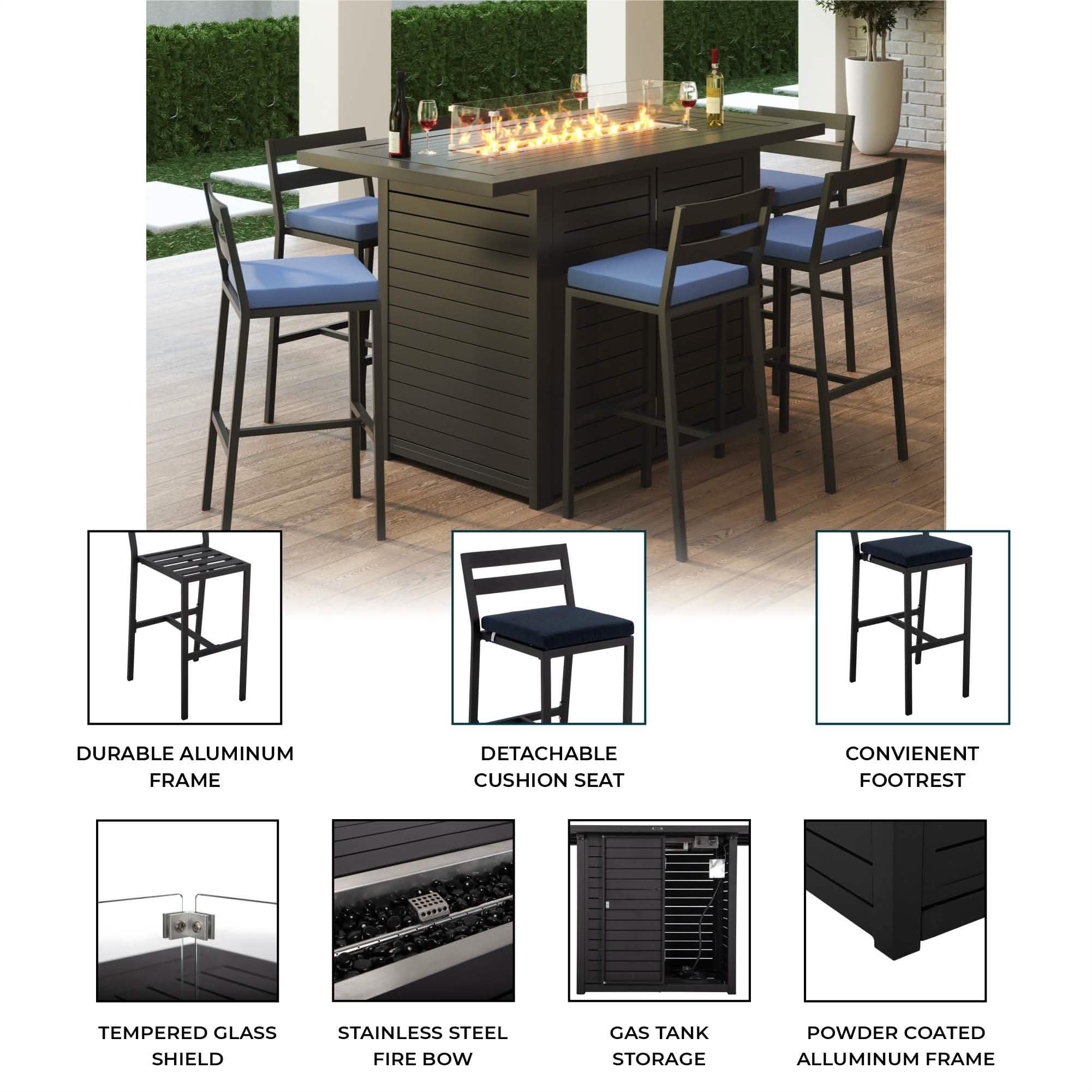 Chelsea 5-Piece Patio Bar Set: Aluminum Fire Pit Table with Tank Holder & 4 Barstools with Cushions Dining Set Leisuremod