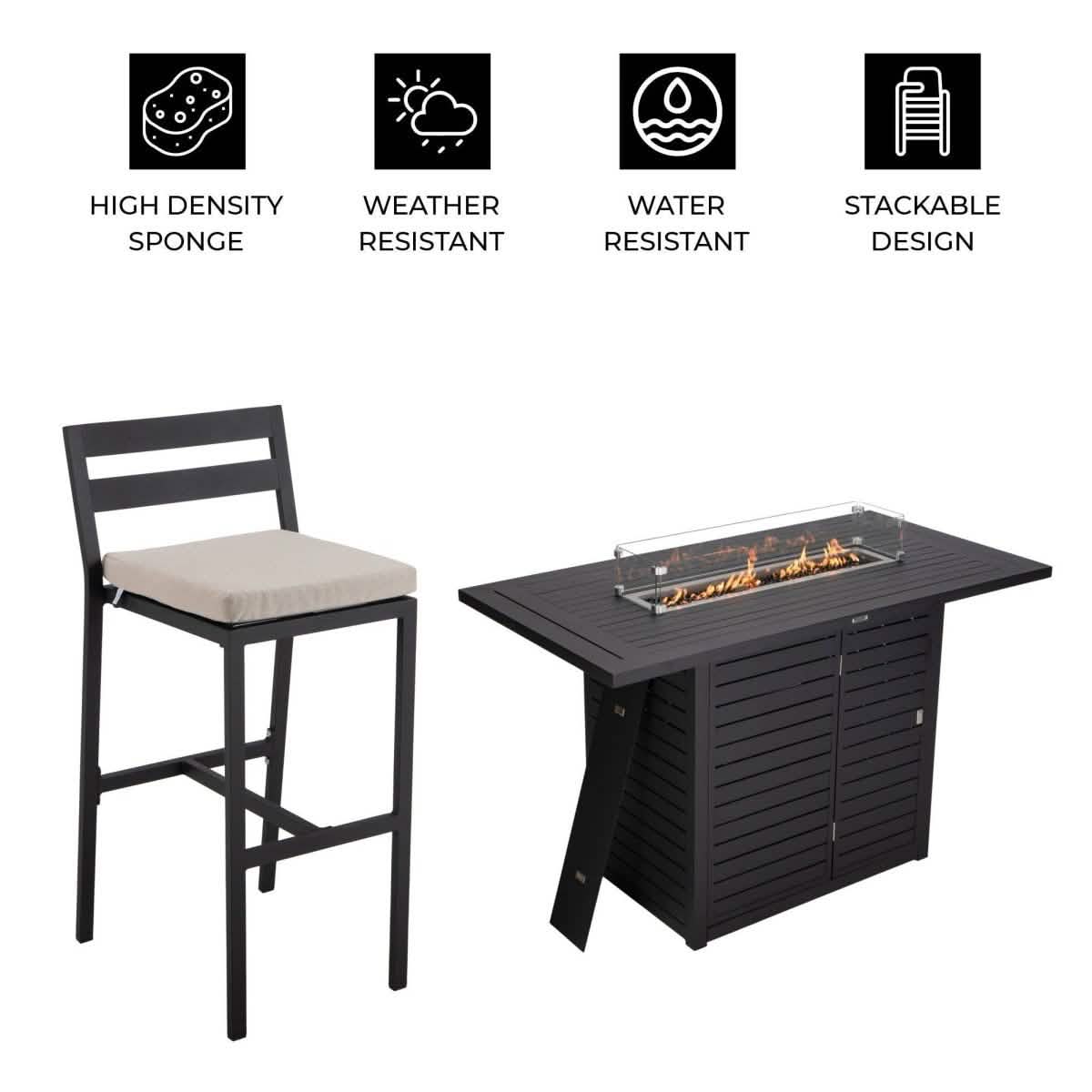 Chelsea 5-Piece Patio Bar Set: Aluminum Fire Pit Table with Tank Holder & 4 Barstools with Cushions Dining Set Leisuremod