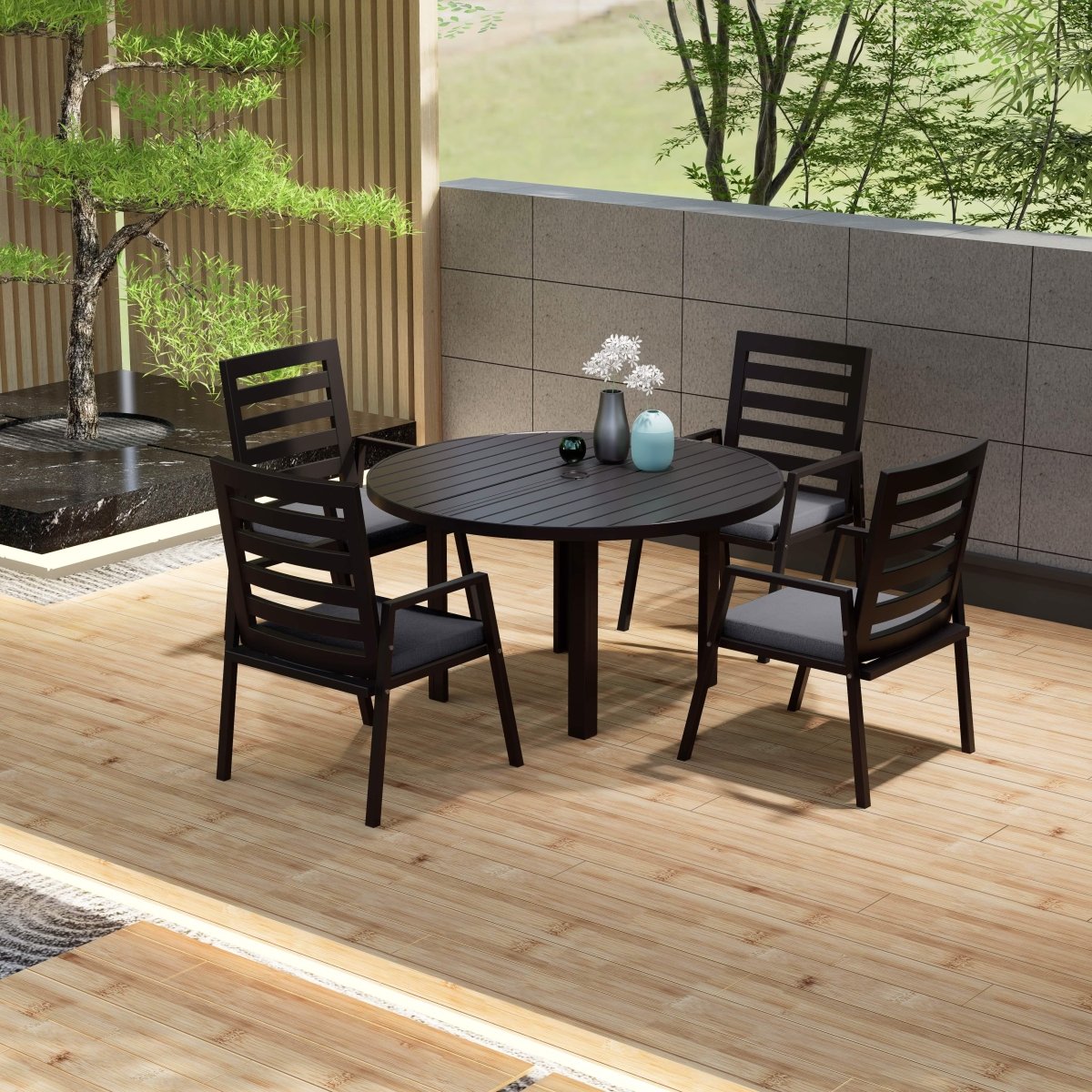 Chelsea 5-Piece Patio Dining Set with 48" Round Aluminum Dining Table and 4 Dining Armchair Black Dining Set Leisuremod