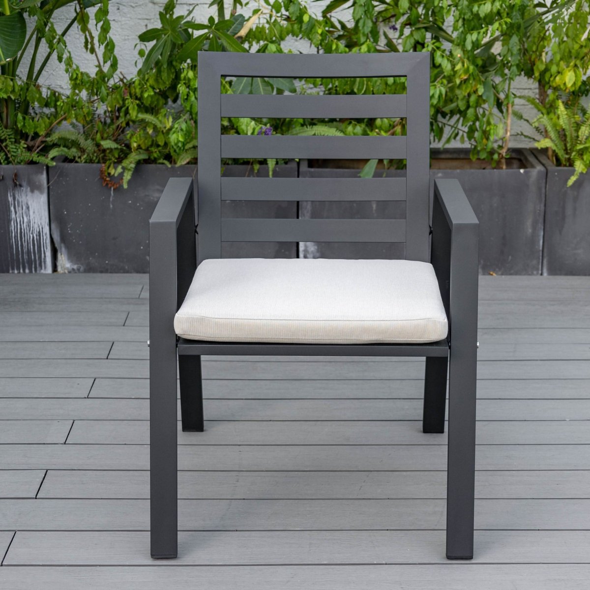 Chelsea 7-Piece Patio Dining Set with 60" Round Aluminum Dining Table and 6 Dining Armchair Beige Dining Set Leisuremod