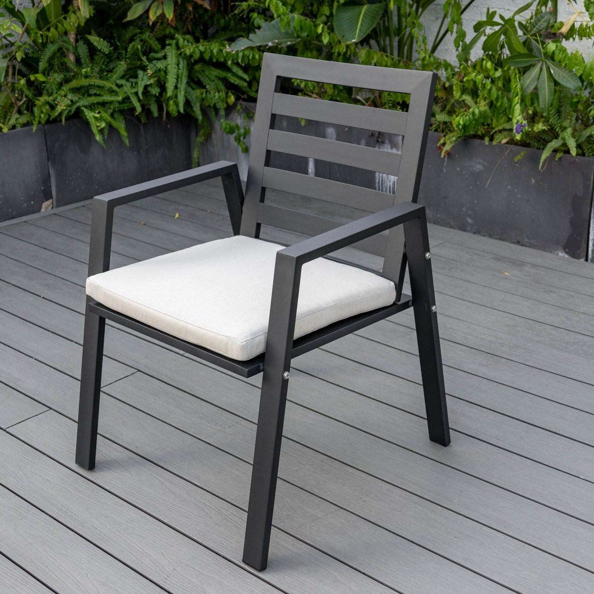 Chelsea 7-Piece Patio Dining Set with 60" Round Aluminum Dining Table and 6 Dining Armchair Beige Dining Set Leisuremod