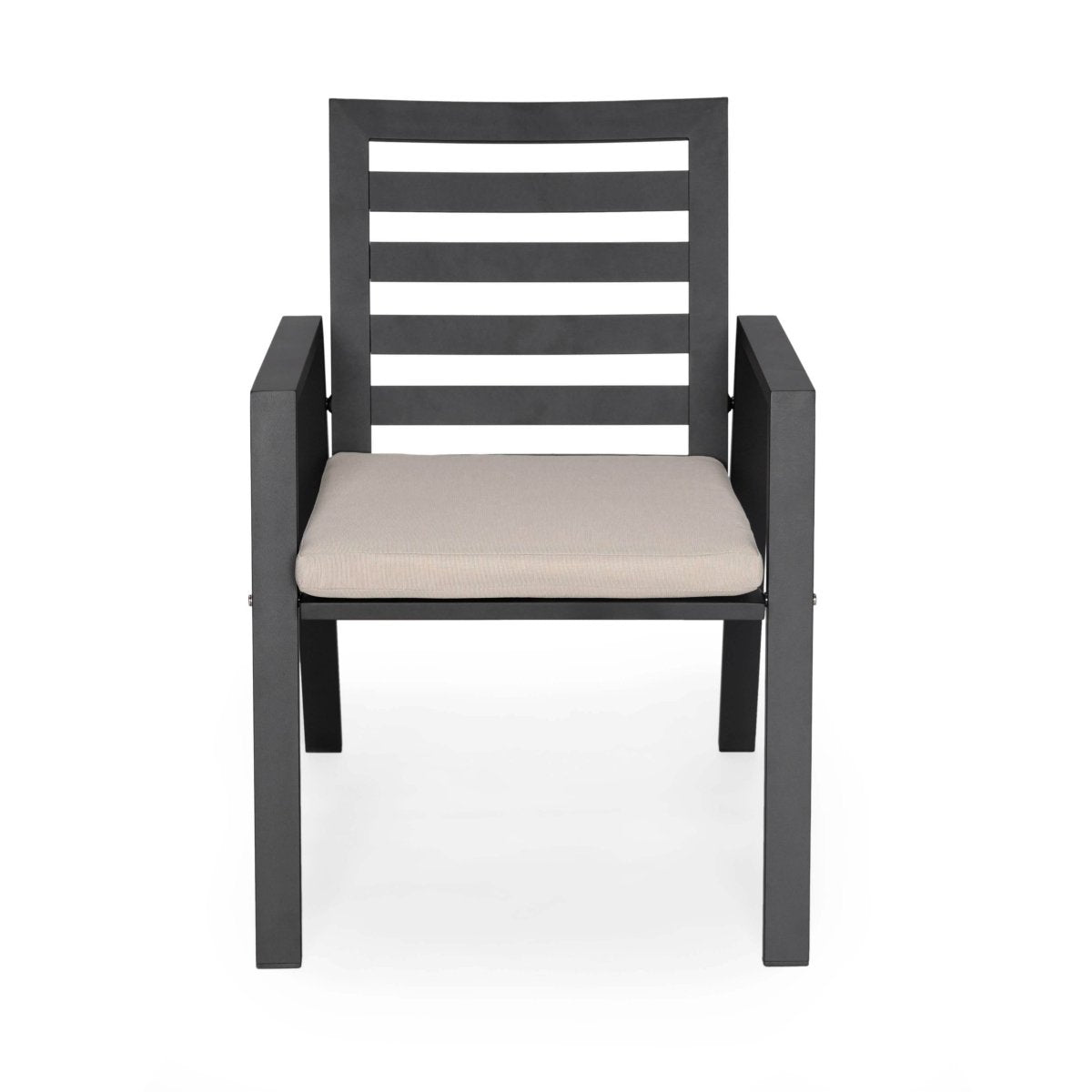 Chelsea 7-Piece Patio Dining Set with 60" Round Aluminum Dining Table and 6 Dining Armchair Beige Dining Set Leisuremod