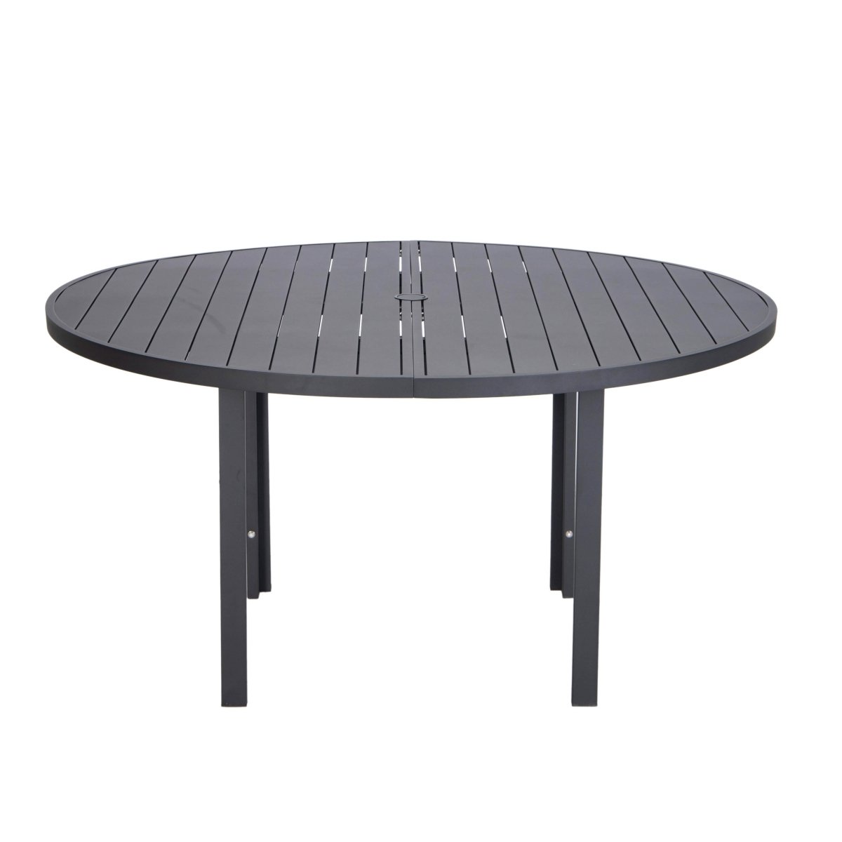 Chelsea 7-Piece Patio Dining Set with 60" Round Aluminum Dining Table and 6 Dining Armchair Beige Dining Set Leisuremod