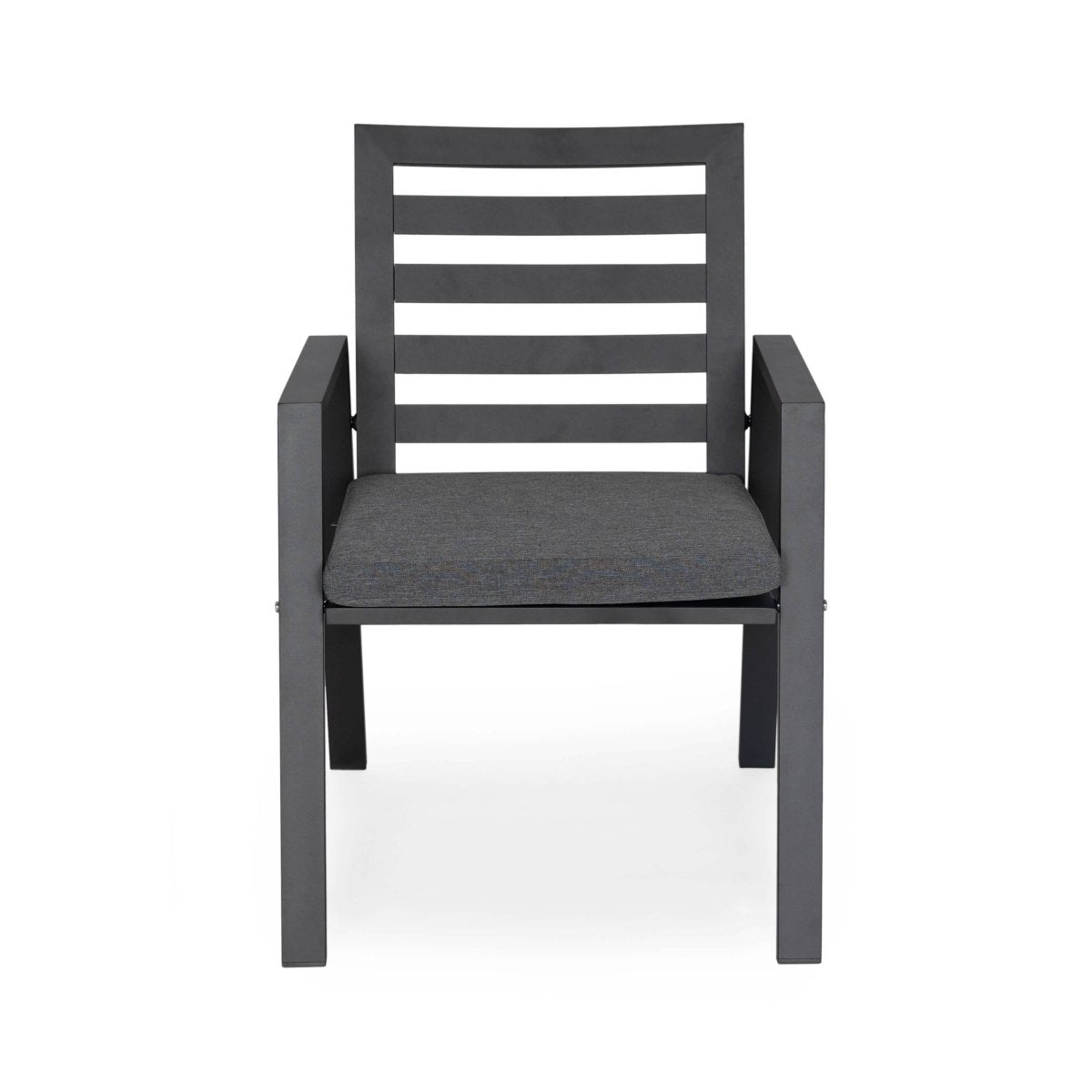 Chelsea 7-Piece Patio Dining Set with 60" Round Aluminum Dining Table and 6 Dining Armchair Black Dining Set Leisuremod