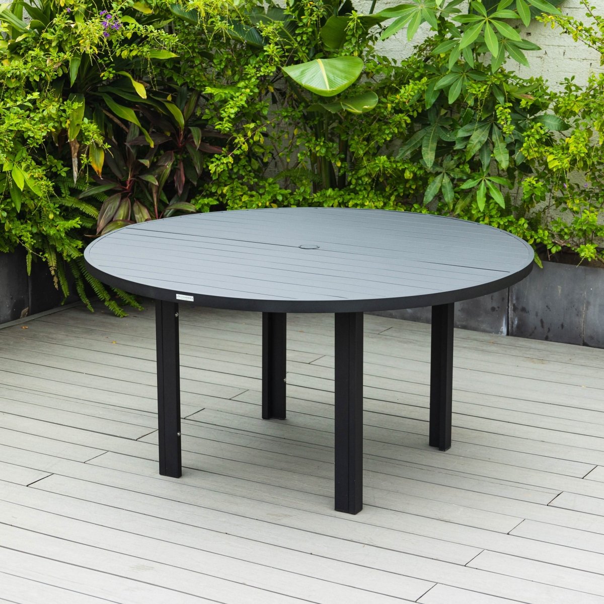 Chelsea 7-Piece Patio Dining Set with 60" Round Aluminum Dining Table and 6 Dining Armchair Black Dining Set Leisuremod