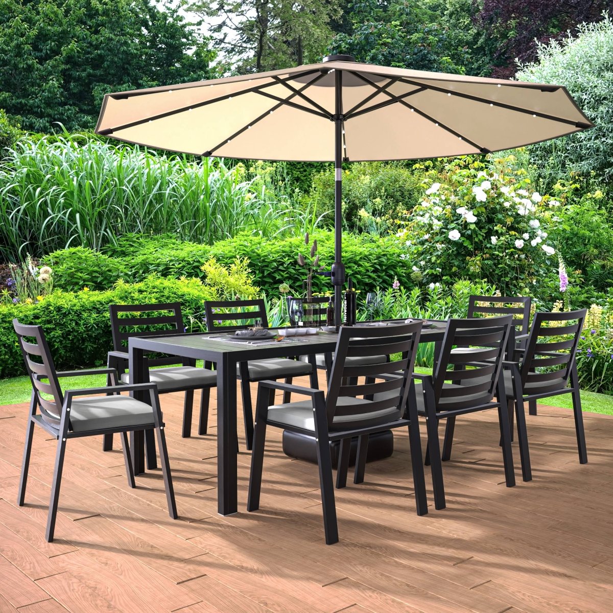 Chelsea 9-Piece Modern Outdoor Dining Set in Black Aluminum with Removable Cushions Light Grey Dining Set Leisuremod