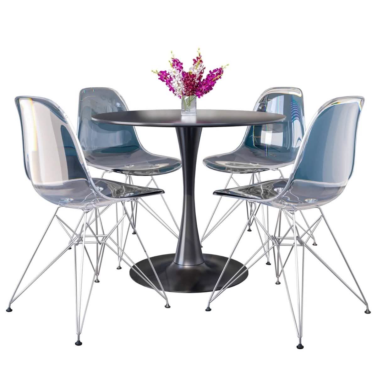 Bristol 5-Piece Dining Set 35" Round Dining Table in Black Iron - 4 ABS Plastic Side Chair in Chrome Clear Dining Set Leisuremod