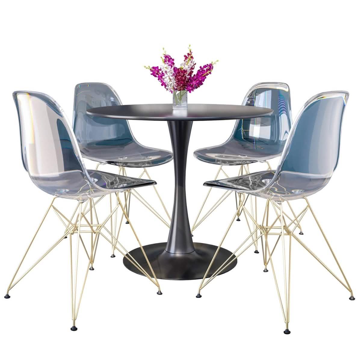 Bristol 5-Piece Dining Set 35" Round Dining Table in Black Iron - 4 ABS Plastic Side Chair in Gold Clear Dining Set Leisuremod
