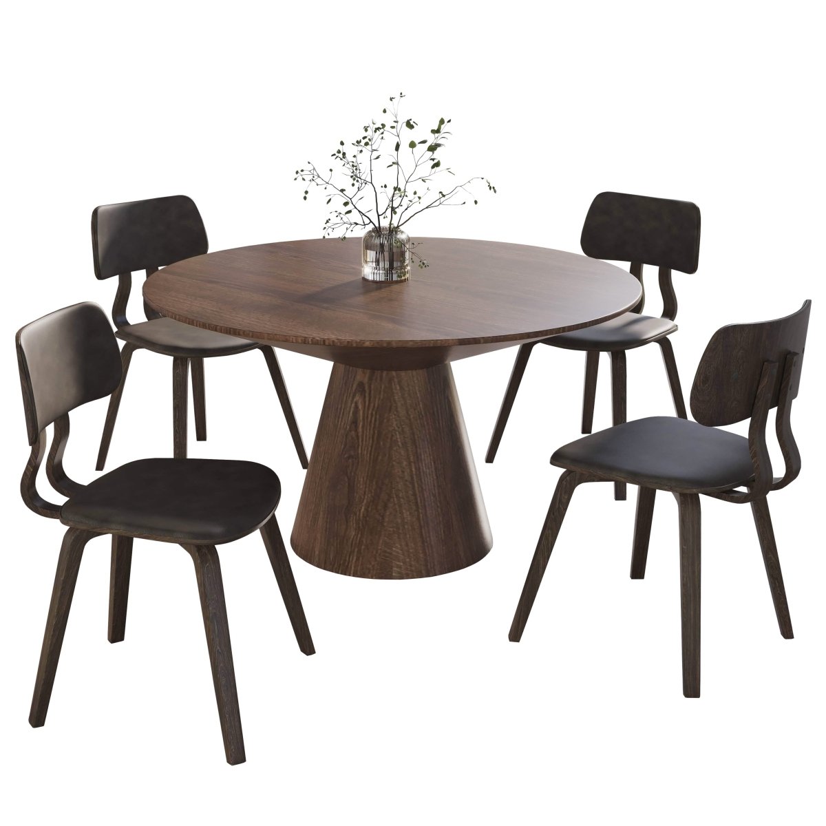 Fynix 5-Piece Dining Set with Round Wooden Table in Walnut and 4 Leather Dining Chairs Dark Walnut Brown Dining Set Leisuremod