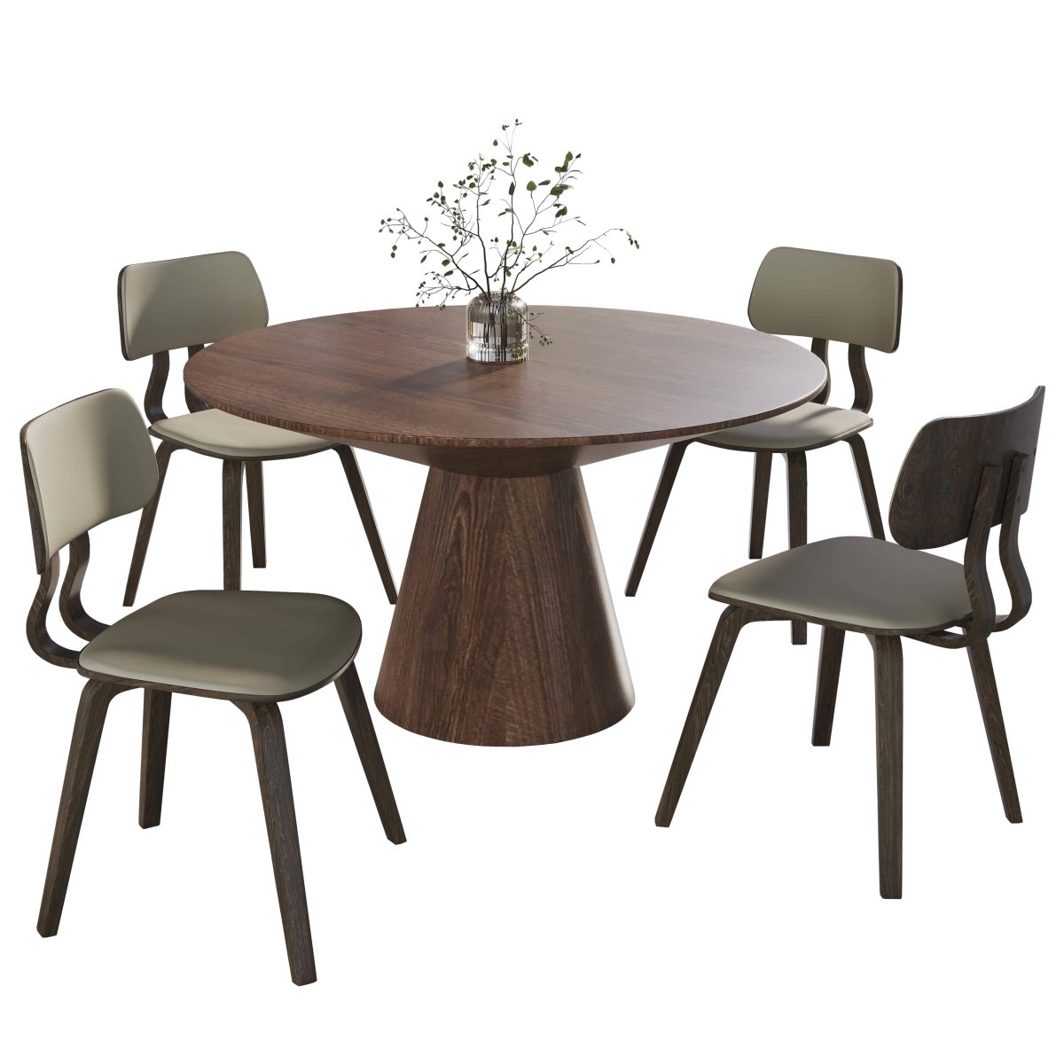 Fynix 5-Piece Dining Set with Round Wooden Table in Walnut and 4 Leather Dining Chairs Dark Walnut Taupe Dining Set Leisuremod