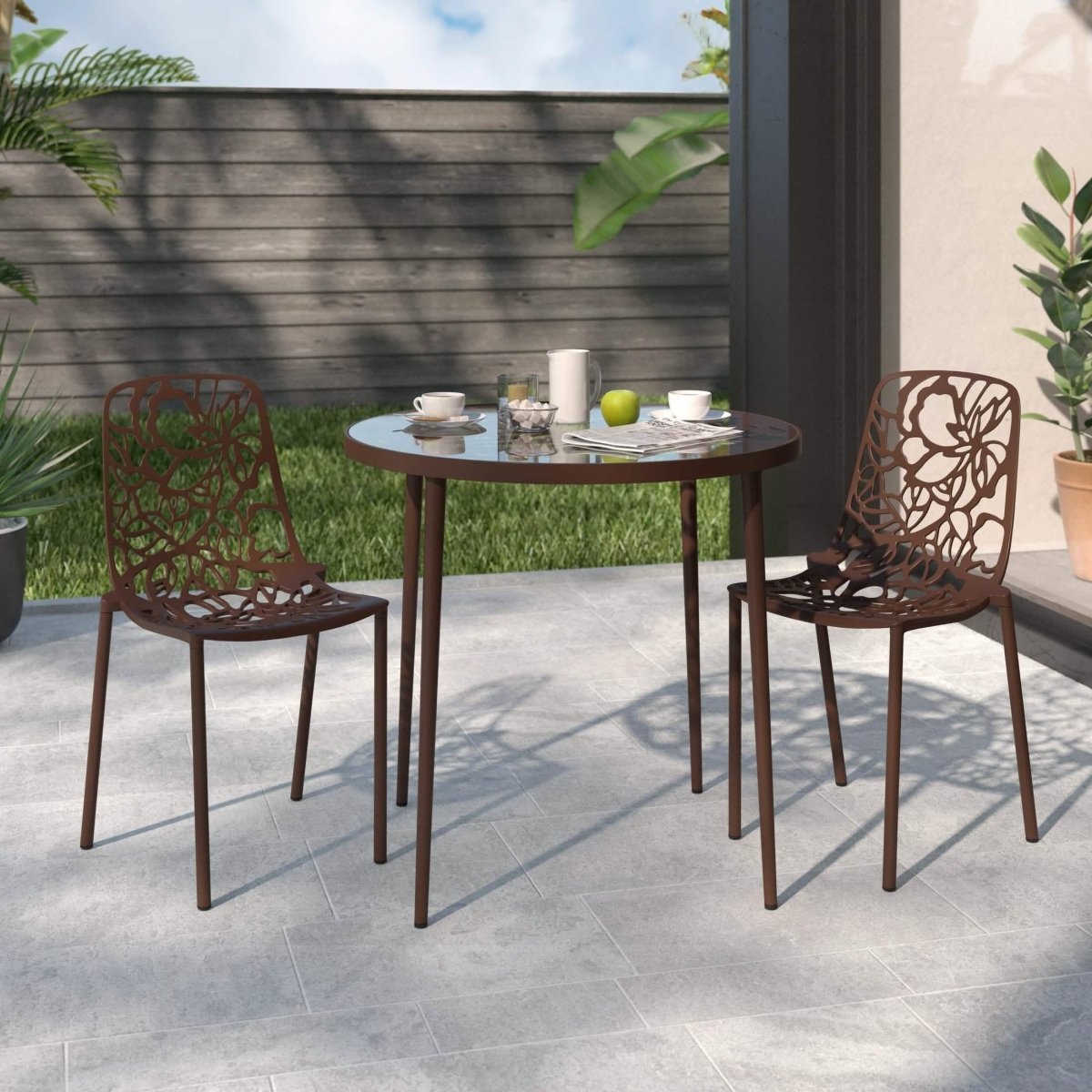 Devon 3-Piece Patio Dining Set: Aluminum Table with Glass Top & 2 Stackable Flower Chairs Brown Dining Set Leisuremod