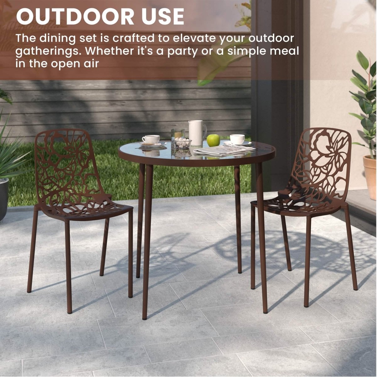 Devon 3-Piece Patio Dining Set: Aluminum Table with Glass Top & 2 Stackable Flower Chairs Brown Dining Set Leisuremod