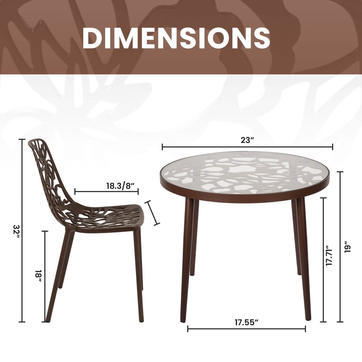 Devon 3-Piece Patio Dining Set: Aluminum Table with Glass Top & 2 Stackable Flower Chairs Brown Dining Set Leisuremod