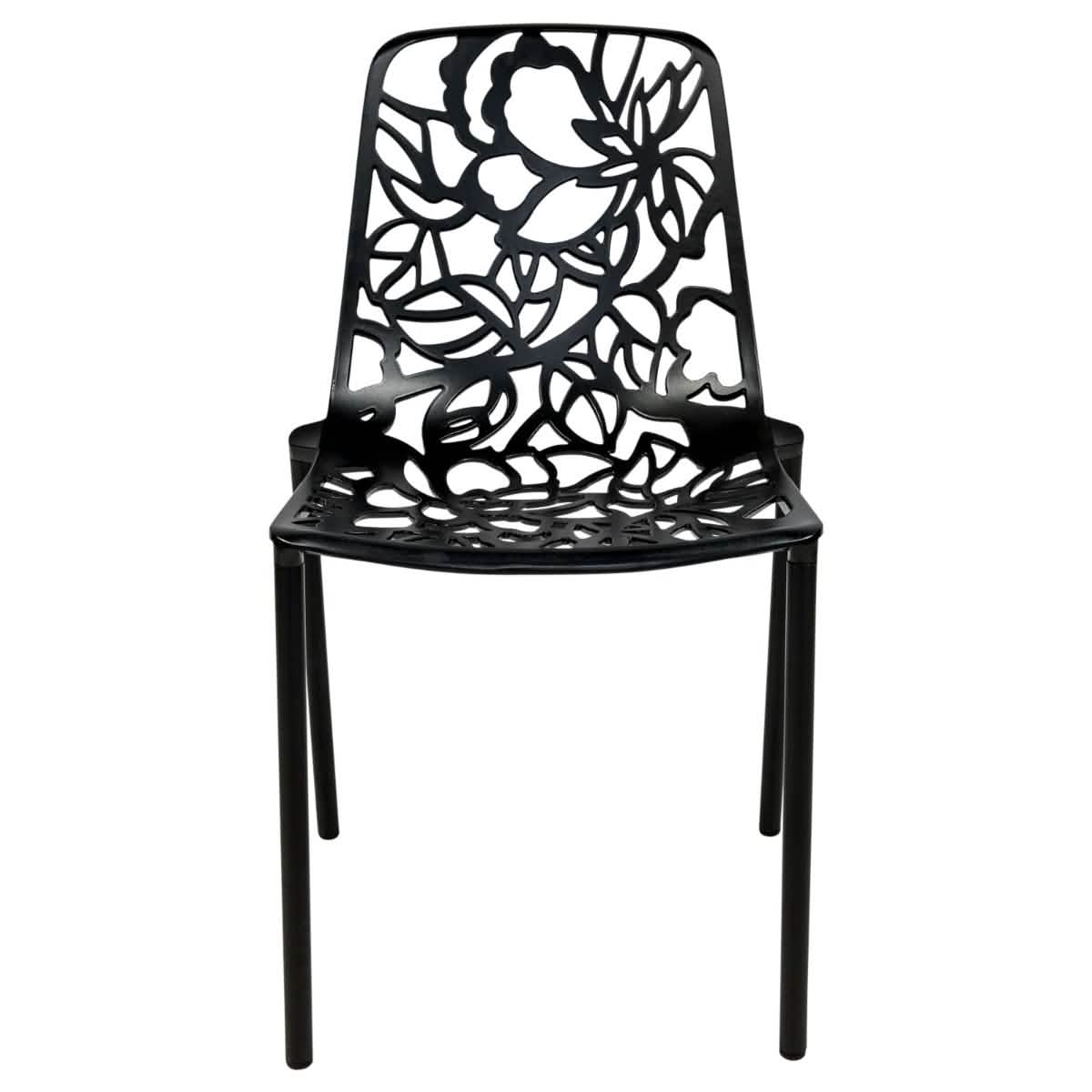Devon 3-Piece Patio Dining Set: Aluminum Table with Glass Top & 2 Stackable Flower Chairs Black Dining Set Leisuremod