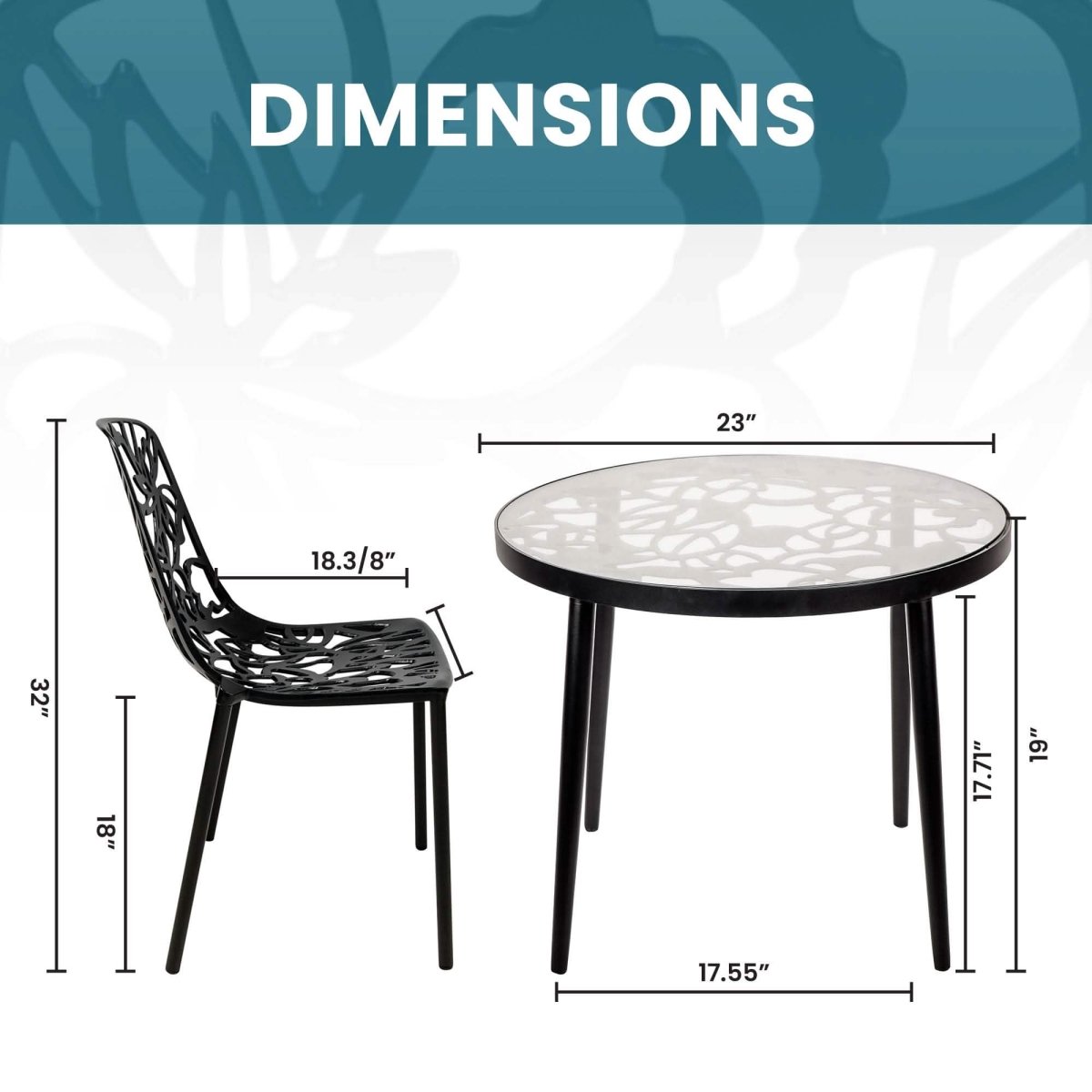 Devon 3-Piece Patio Dining Set: Aluminum Table with Glass Top & 2 Stackable Flower Chairs Black Dining Set Leisuremod