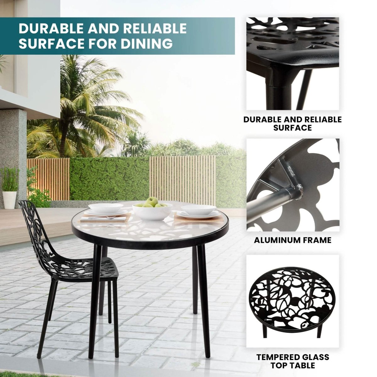 Devon 3-Piece Patio Dining Set: Aluminum Table with Glass Top & 2 Stackable Flower Chairs Black Dining Set Leisuremod
