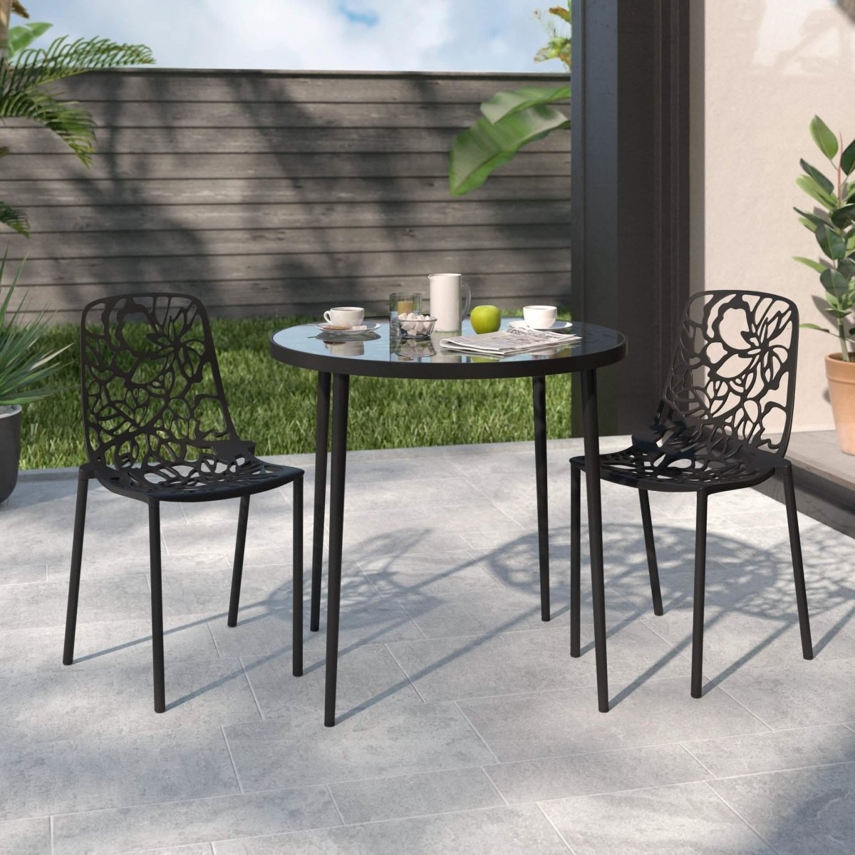 Devon 3-Piece Patio Dining Set: Aluminum Table with Glass Top & 2 Stackable Flower Chairs Black Dining Set Leisuremod