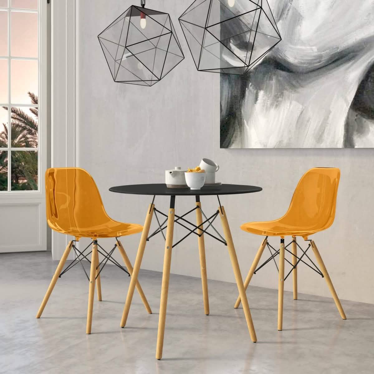Dover 3-Piece Dining Set with Round Black MDF Top Bistro Table and 2 Plastic Chairs Clear Dining Set Leisuremod
