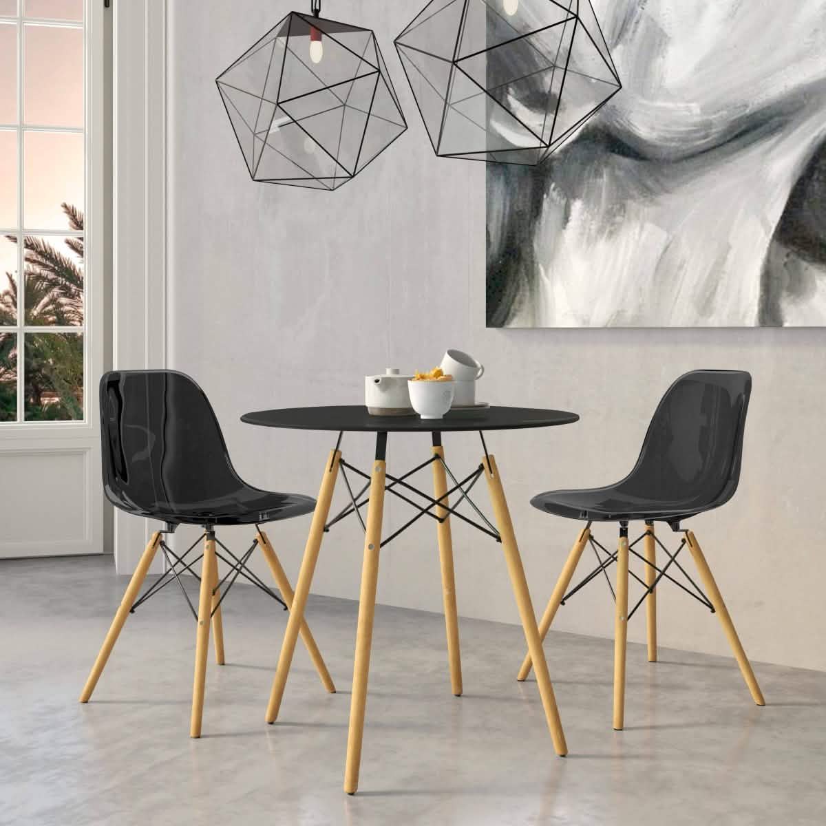 Dover 3-Piece Dining Set with Round Black MDF Top Bistro Table and 2 Plastic Chairs Black Dining Set Leisuremod