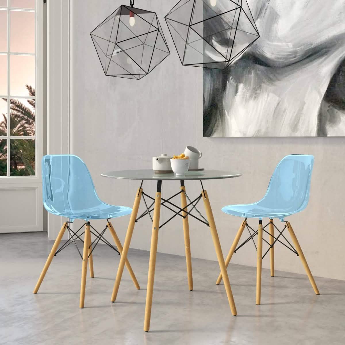 Dover 3-Piece Dining Set with Round Clear Glass Top Bistro Table and 2 Plastic Chairs Blue Dining Set Leisuremod
