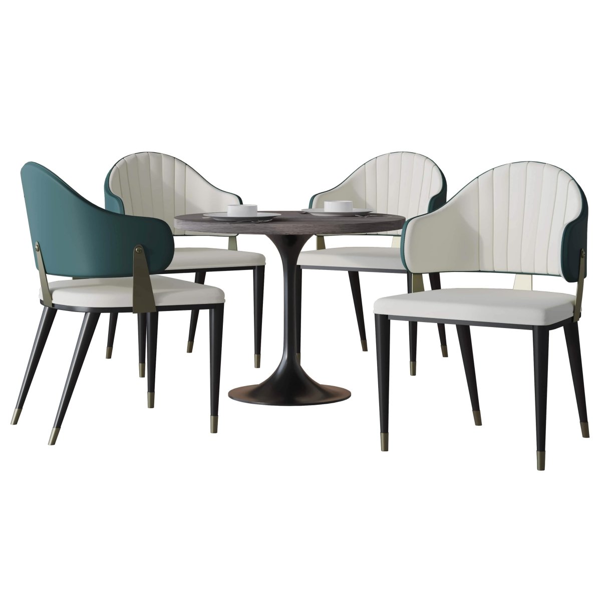 Verve 5-Piece Dining Set with 36" Round Resin Top Table and 4 Leather Dining Chair Green Dining Set Leisuremod