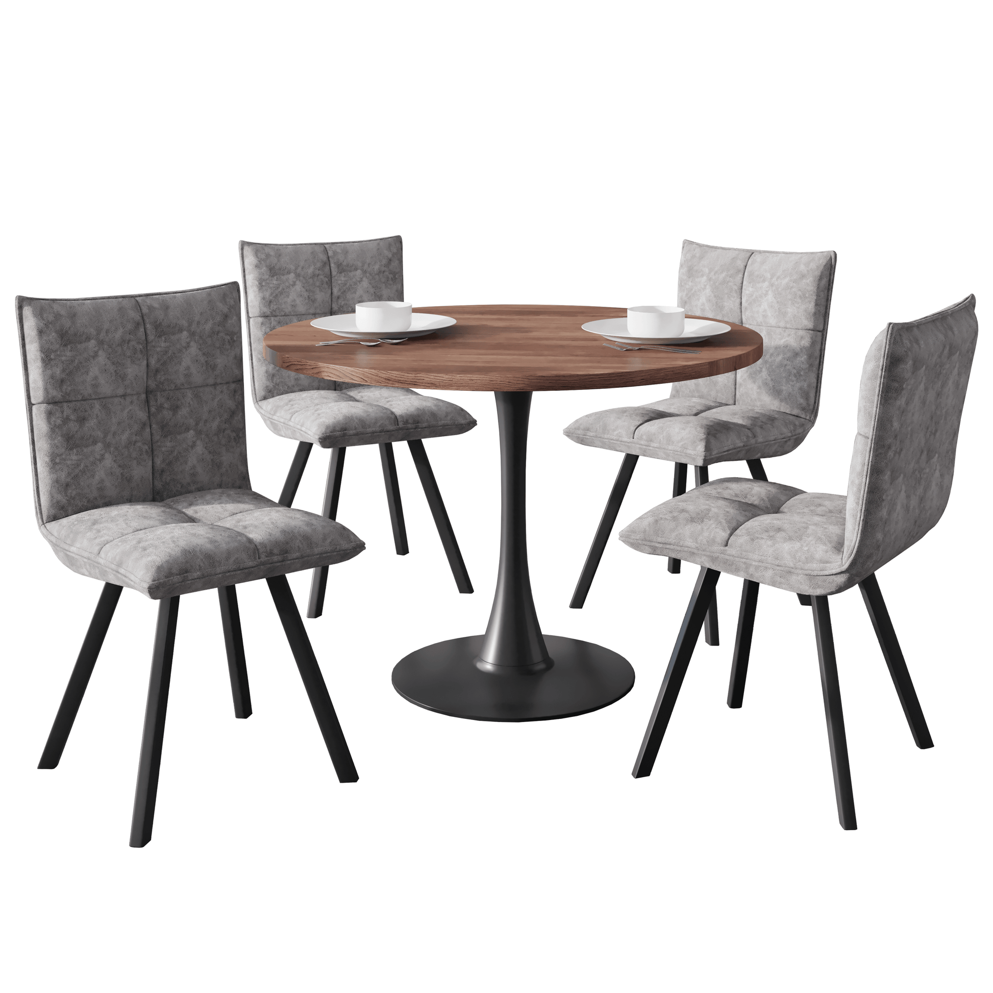 Leisuremod Dining Set Grey Bristol 5-Piece Dining Set with 36" Round Dining Table with Cognac Brown MDF Top and Black Base 4 Leather Dining Chairs