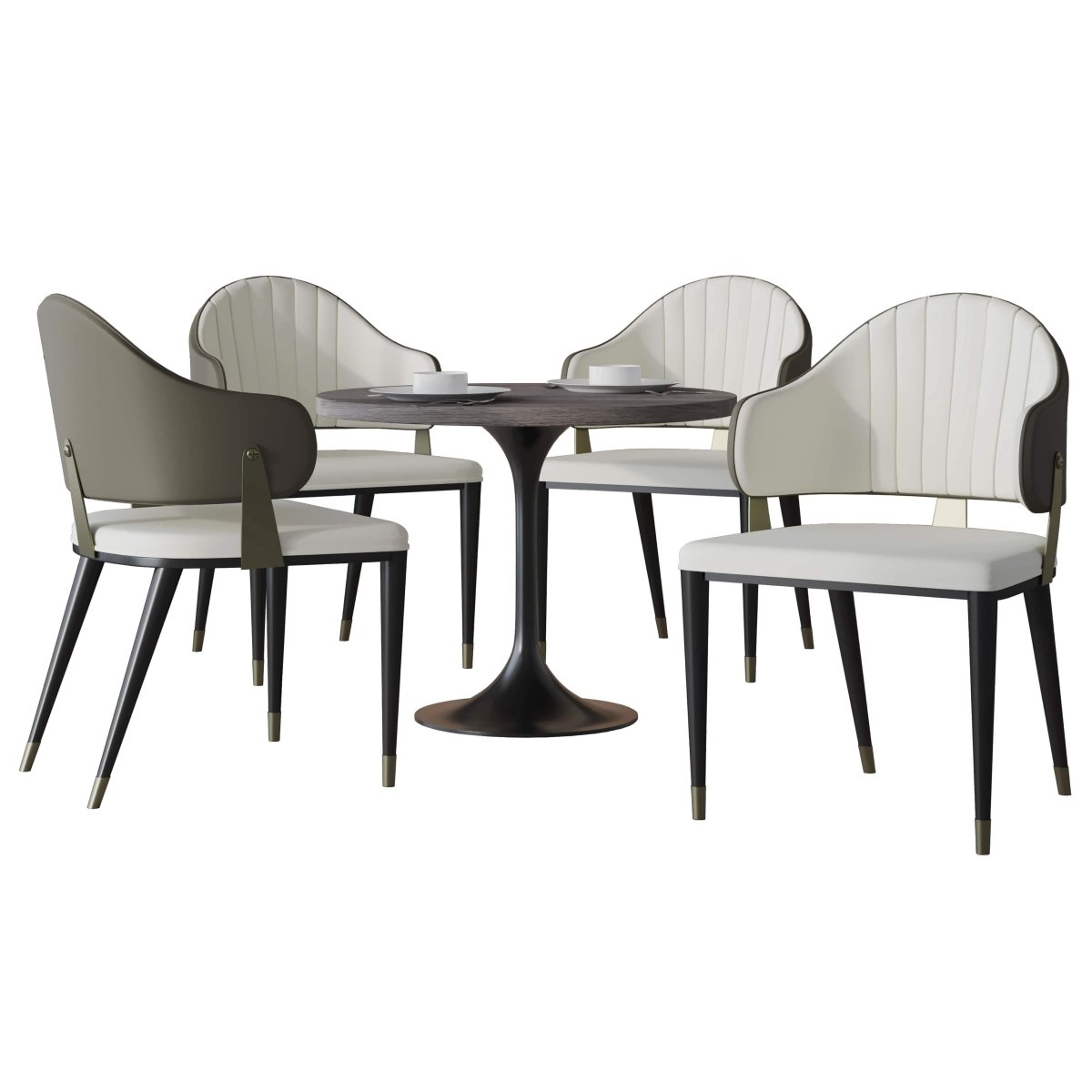 Verve 5-Piece Dining Set with 36" Round Resin Top Table and 4 Leather Dining Chair Grey Dining Set Leisuremod