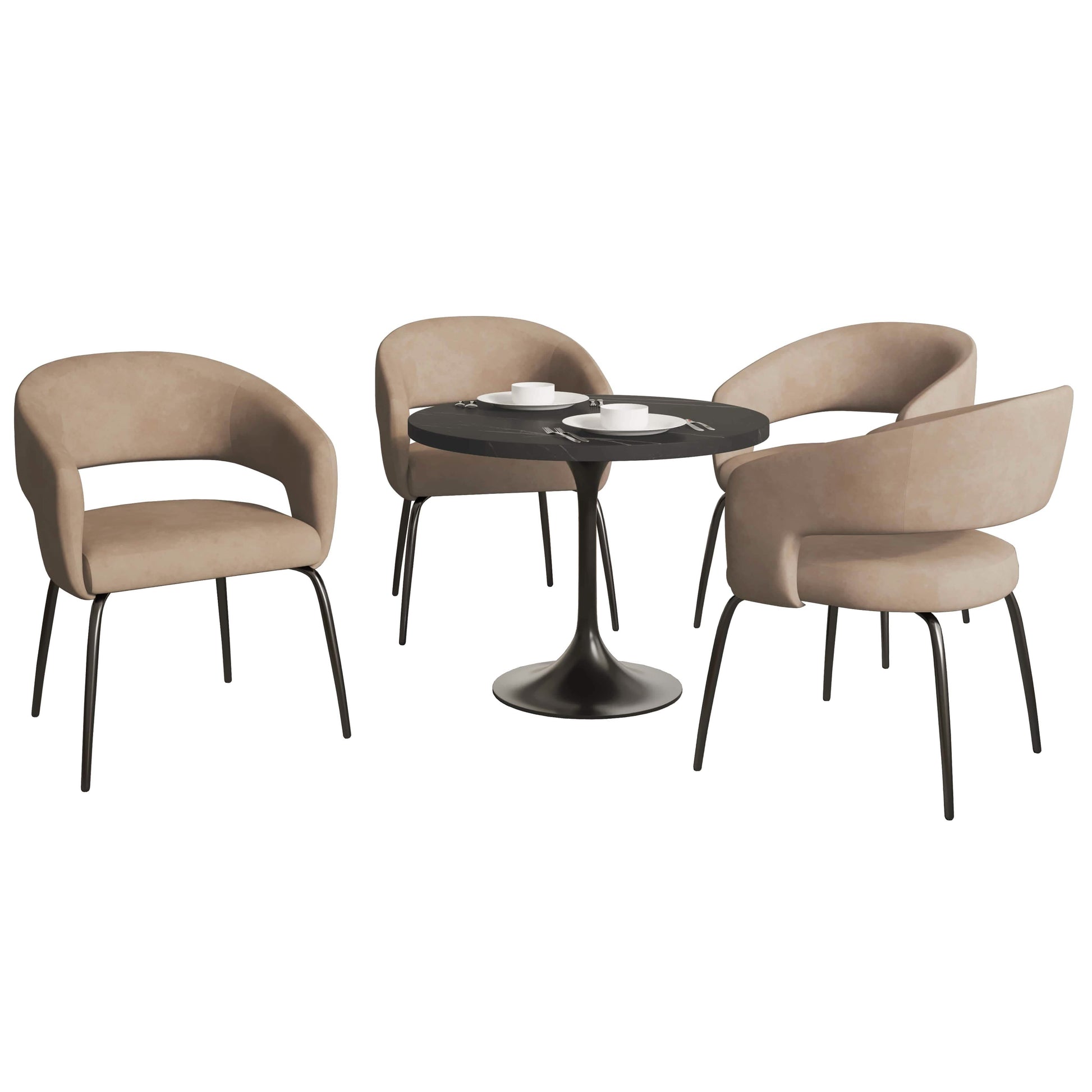 Leisuremod Dining Set Leather / Light Taupe Verve 5-Piece Dining Set with 36" Round Dining Table in Black MDF Top and 4 Dining Chairs Upholstered in Velvet/Leather