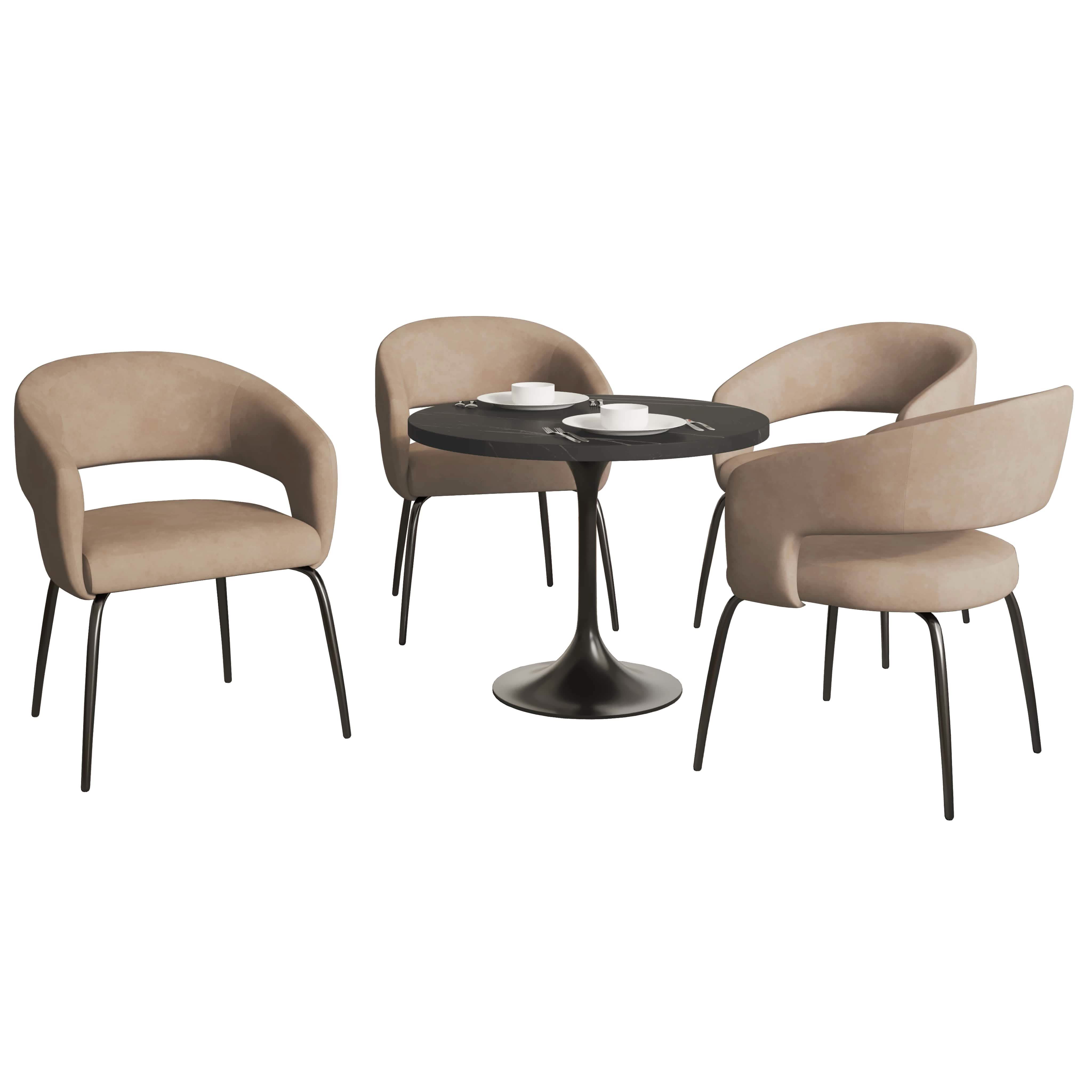 Leisuremod Dining Set Leather / Light Taupe Verve 5-Piece Dining Set with 36" Round Dining Table in Black MDF Top and 4 Dining Chairs Upholstered in Velvet/Leather
