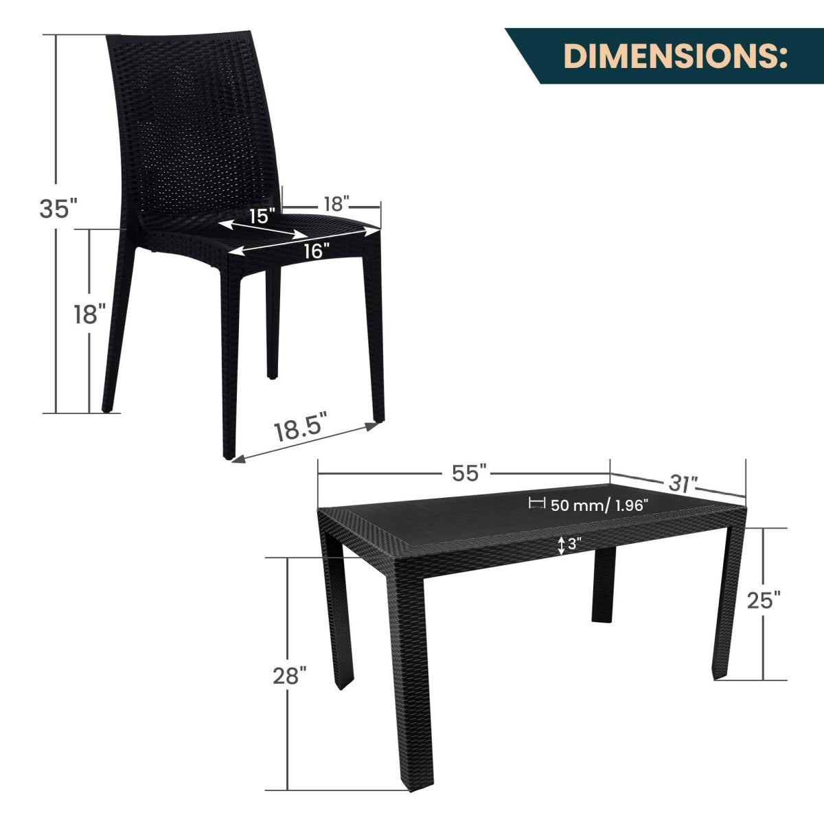 Mace Mid-Century 7-Piece Outdoor Dining Set Black Dining Set Leisuremod