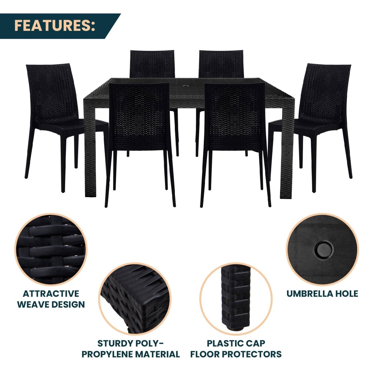 Mace Mid-Century 7-Piece Outdoor Dining Set Black Dining Set Leisuremod