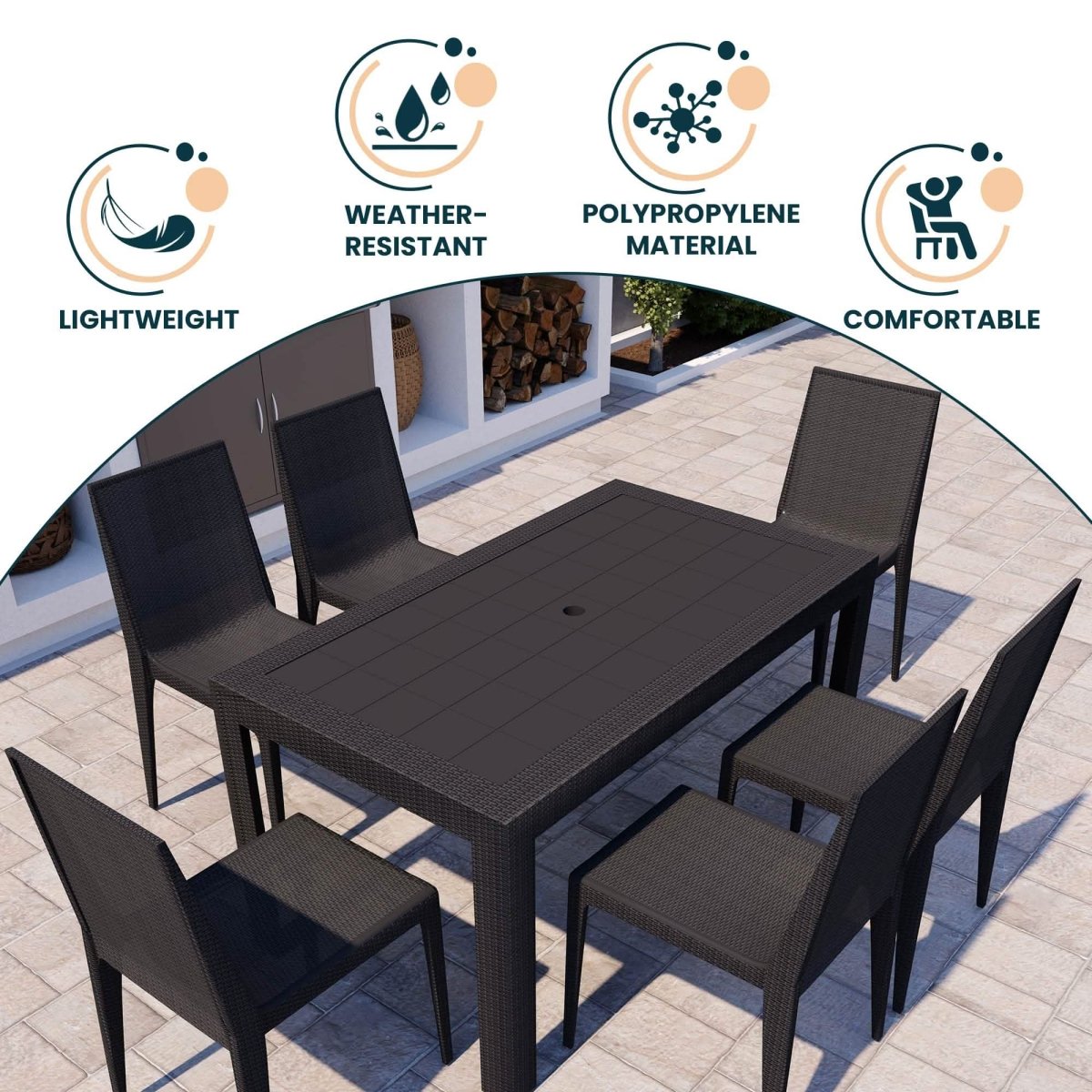 Mace Mid-Century 7-Piece Outdoor Dining Set Black Dining Set Leisuremod