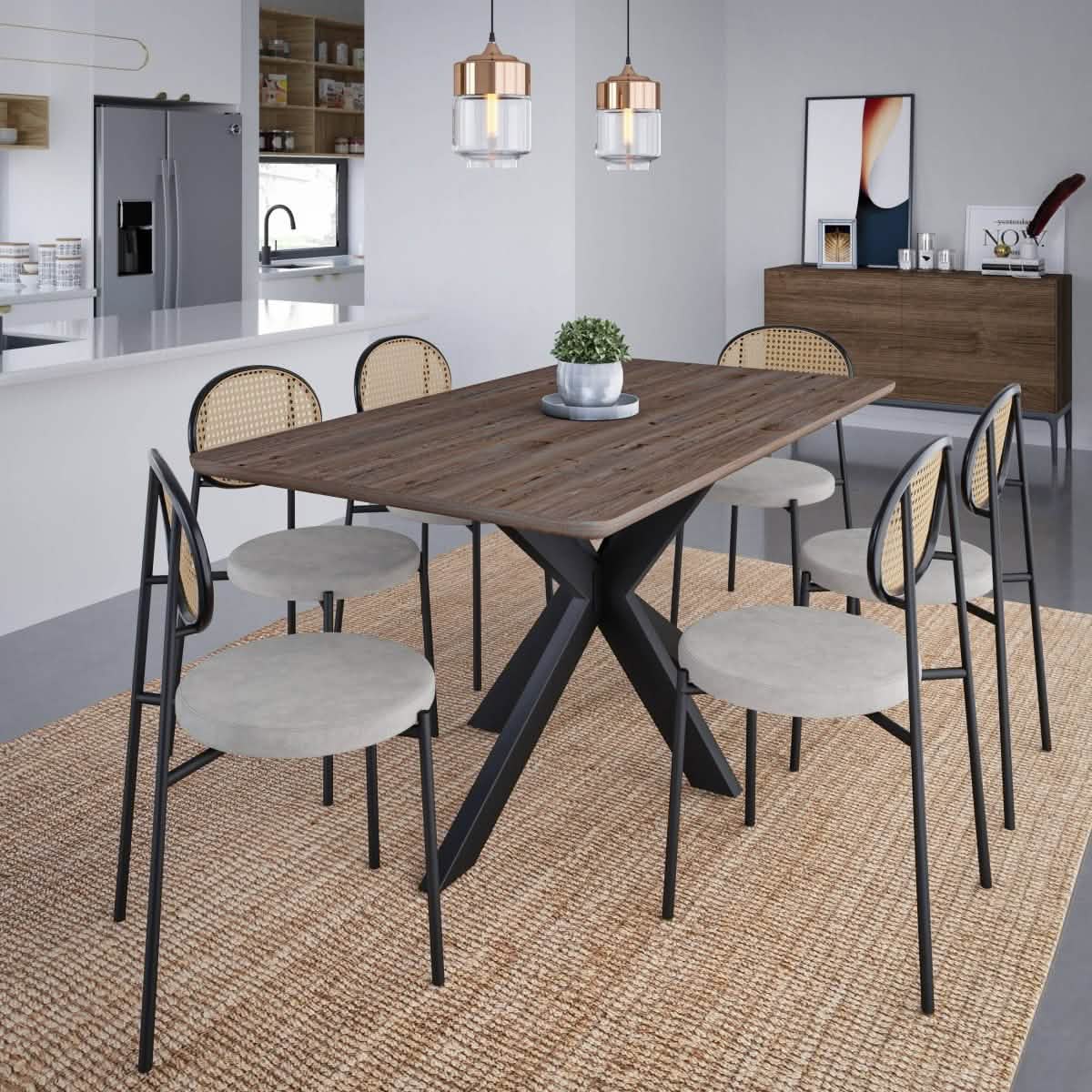 Ravenna 69" Rectangular Wood Dining Table with 6 Euston Wicker Dining Chairs Dining Set Leisuremod