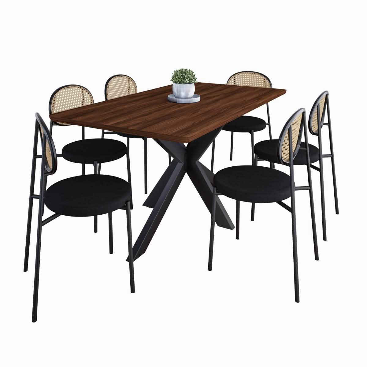 Ravenna 69" Rectangular Wood Dining Table with 6 Euston Wicker Dining Chairs Dining Set Leisuremod