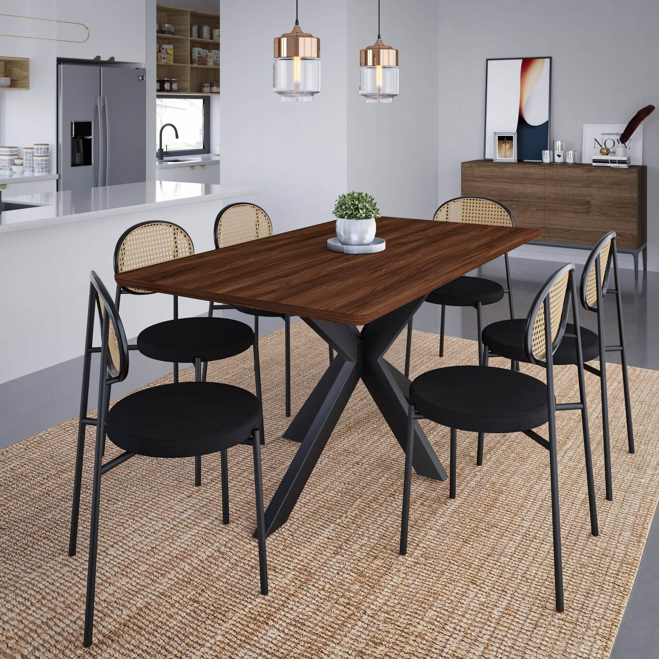 Ravenna 69" Rectangular Wood Dining Table with 6 Euston Wicker Dining Chairs Dining Set Leisuremod